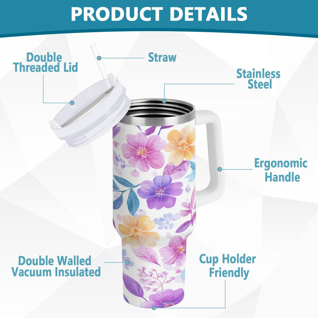 30 oz Insulated Stainless Steel Tumbler Double Wall Stainless Steel Tumbler with 2-Way Drinking Pink and Purple Flowers - P9XY
