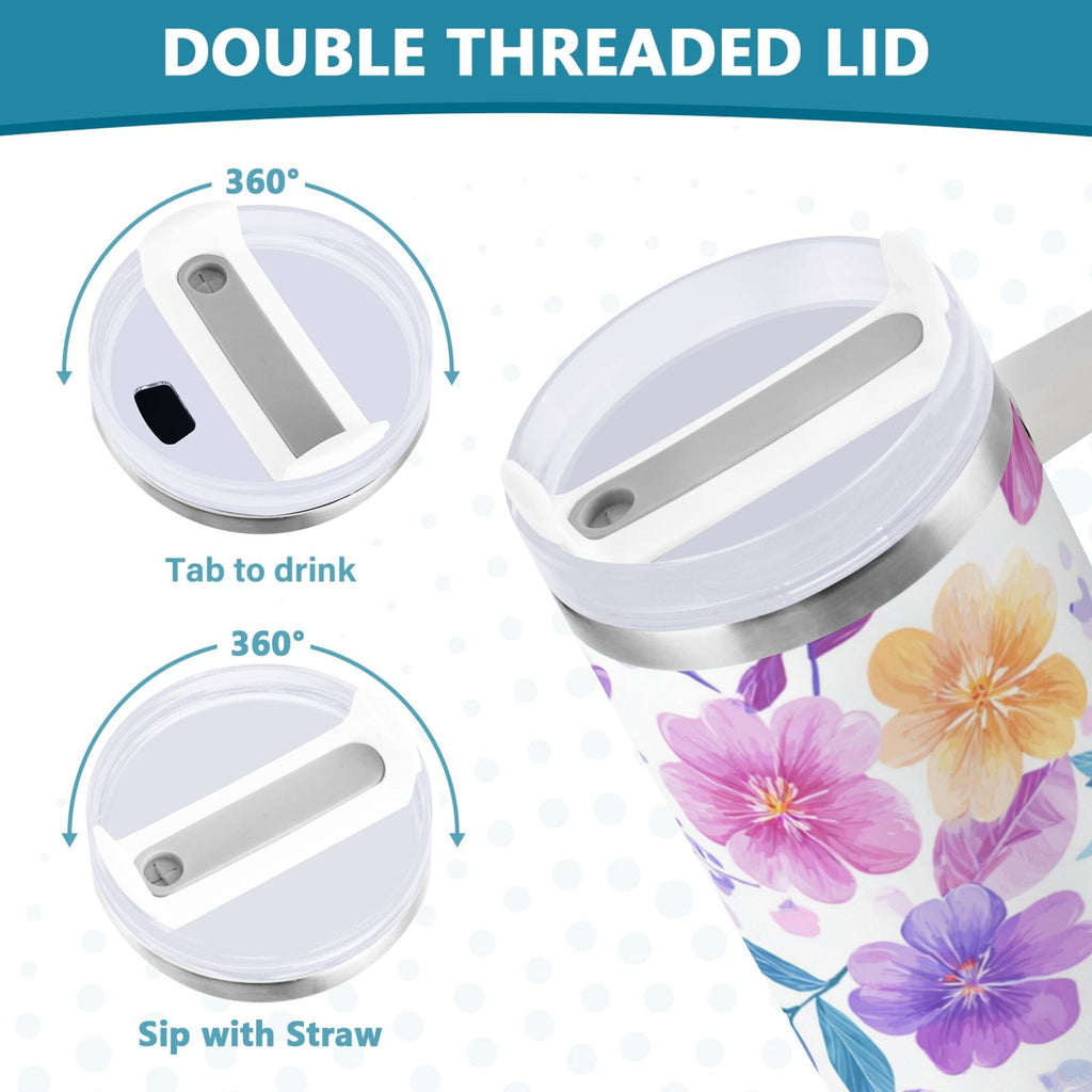 30 oz Insulated Stainless Steel Tumbler Double Wall Stainless Steel Tumbler with 2-Way Drinking Pink and Purple Flowers - P9XY
