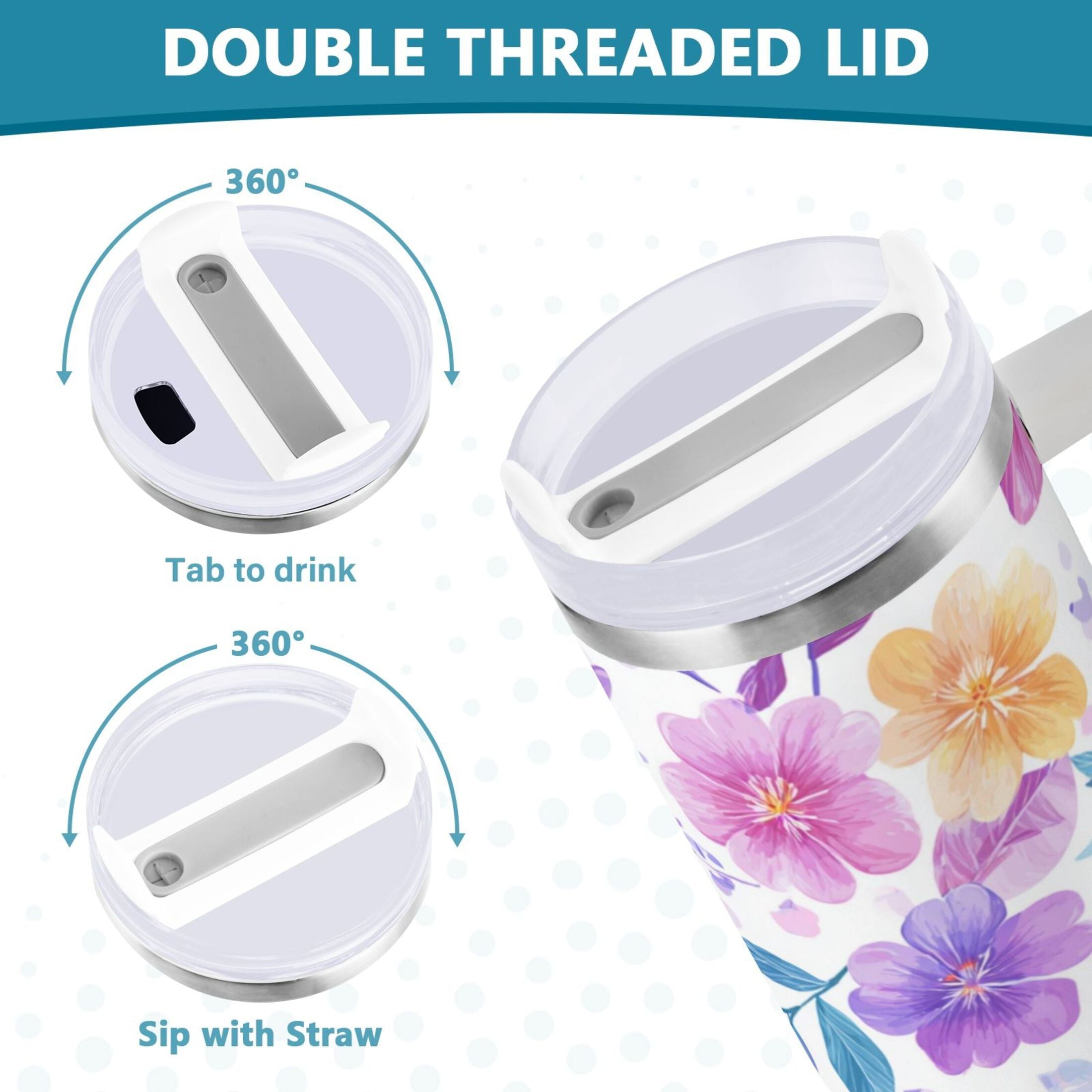 30 oz Insulated Stainless Steel Tumbler Double Wall Stainless Steel Tumbler with 2-Way Drinking Pink and Purple Flowers - P9XY