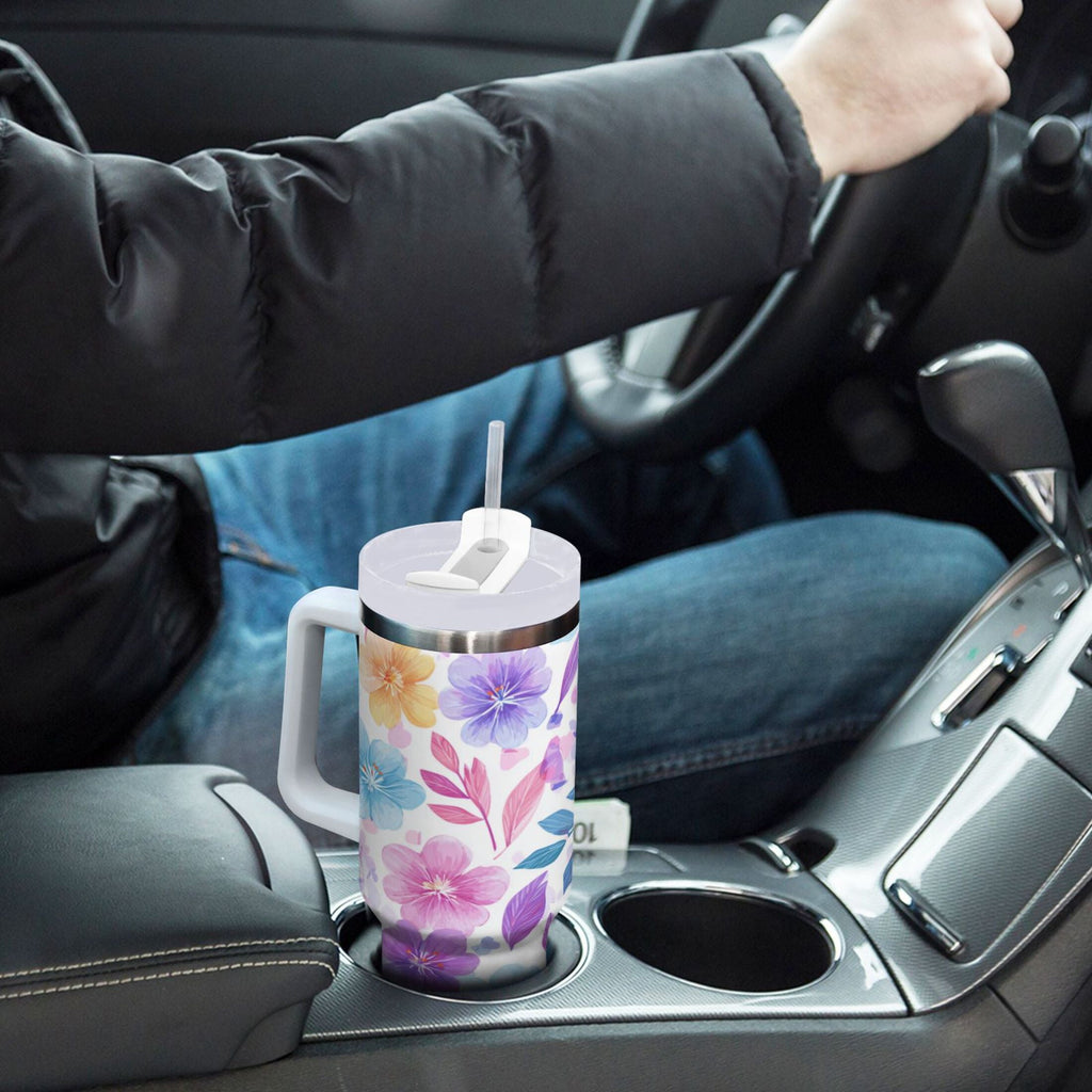 30 oz Insulated Stainless Steel Tumbler Double Wall Stainless Steel Tumbler with 2-Way Drinking Pink and Purple Flowers - P9XY