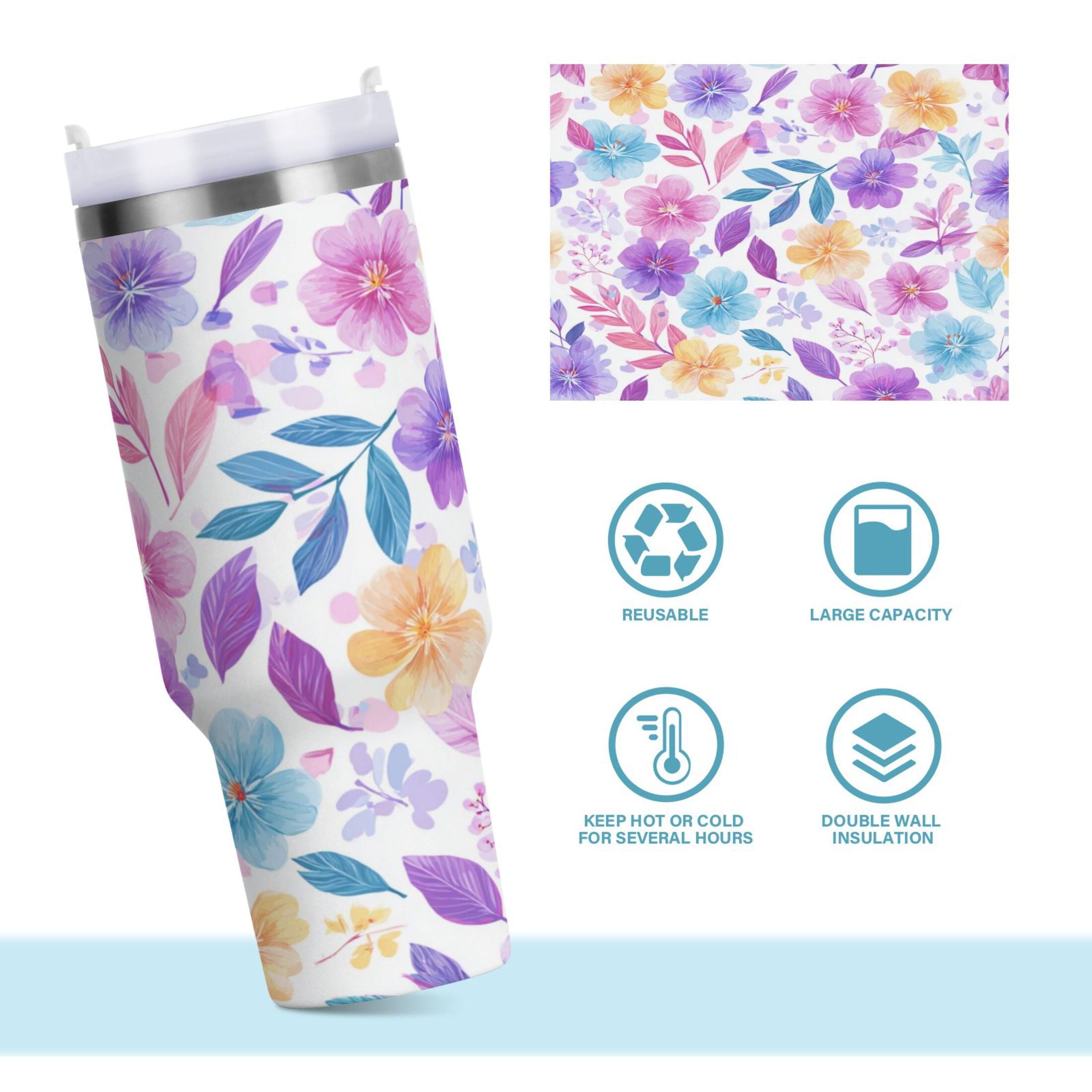 30 oz Insulated Stainless Steel Tumbler Double Wall Stainless Steel Tumbler with 2-Way Drinking Pink and Purple Flowers - P9XY