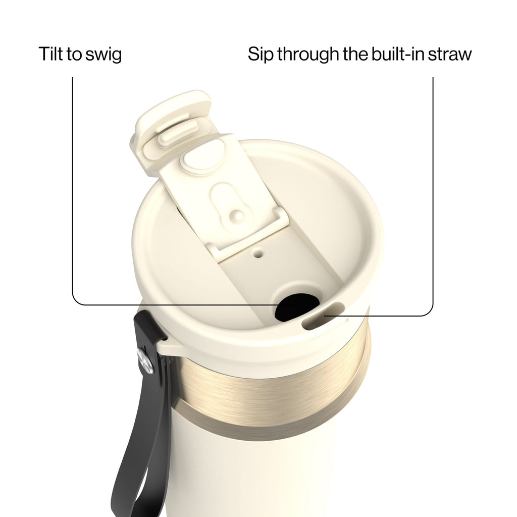 Contigo DualSip Leakproof Stainless Steel Reusable Water Bottle Tumbler with Carrying Strap, Cream/Champagne, 24 oz - T353