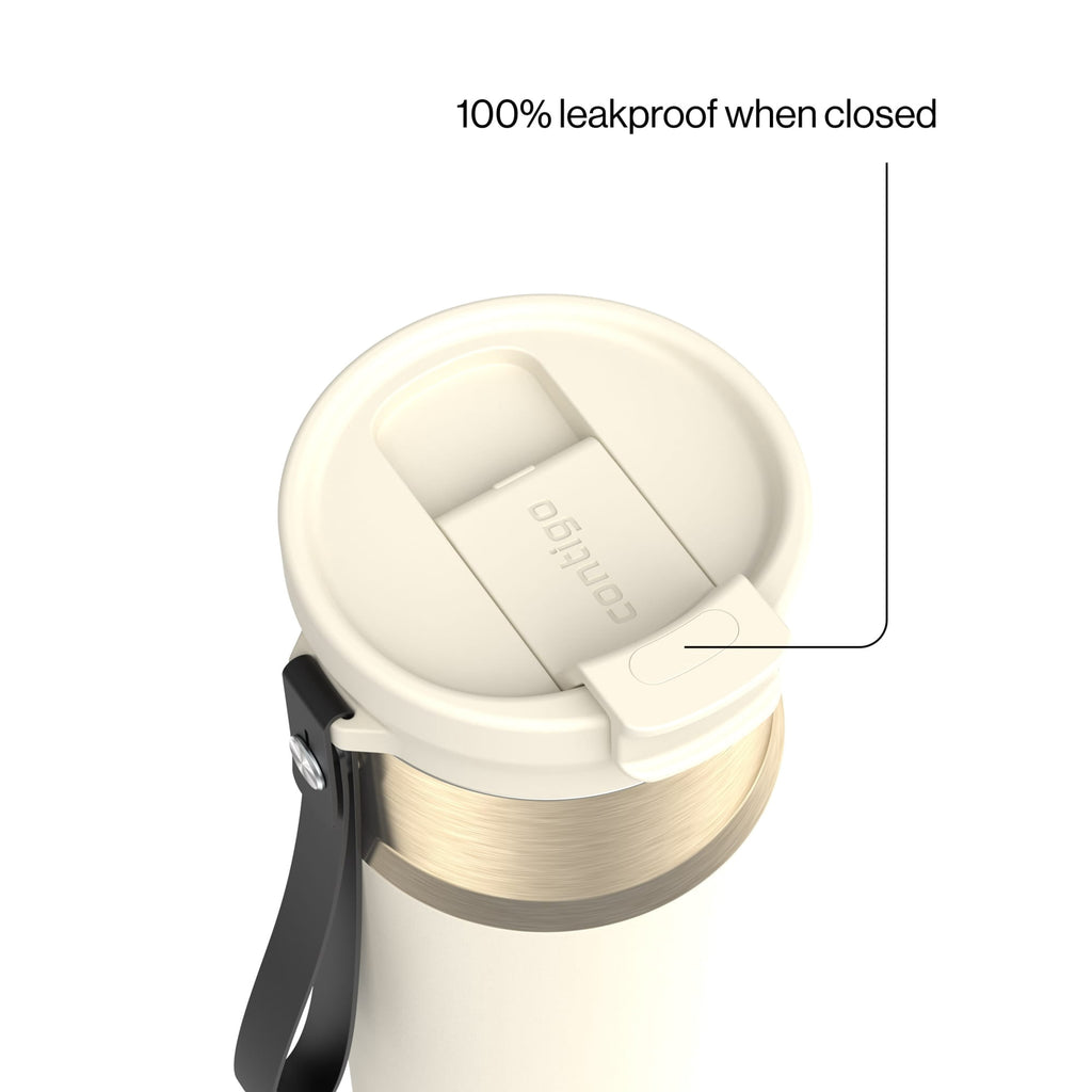 Contigo DualSip Leakproof Stainless Steel Reusable Water Bottle Tumbler with Carrying Strap, Cream/Champagne, 24 oz - T353