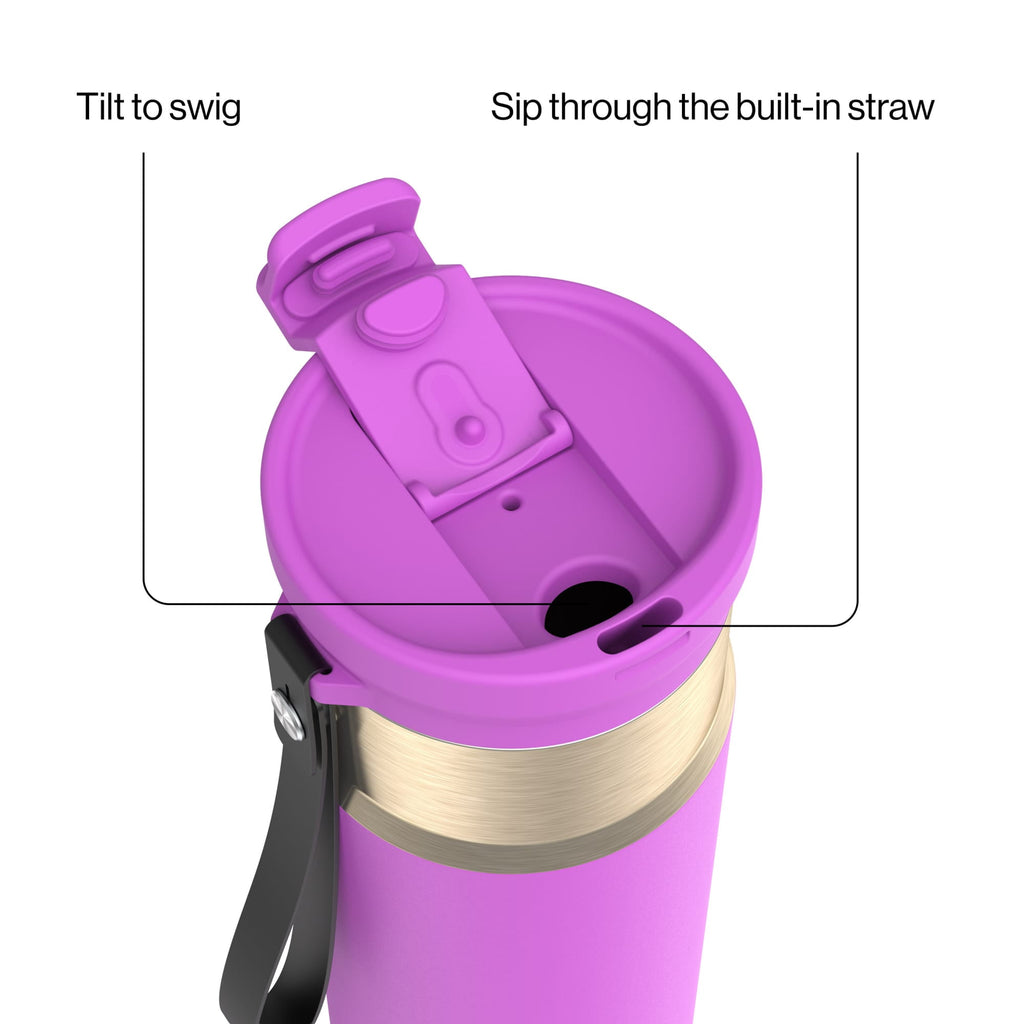 Contigo DualSip Leakproof Stainless Steel Reusable Water Bottle Tumbler with Carrying Strap, Cream/Champagne, 24 oz - T353