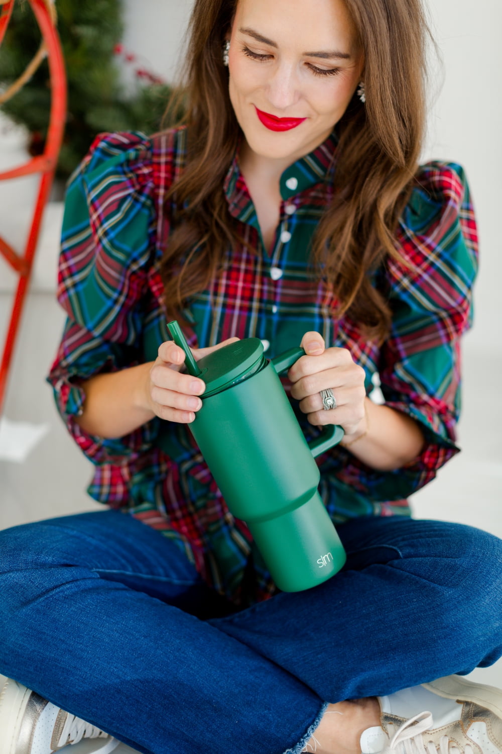 Simple Modern 30 fl oz Insulated Stainless Steel Trek Tumbler with Straw Lid | Seaglass Sage and Cream Checkmate - B21Q