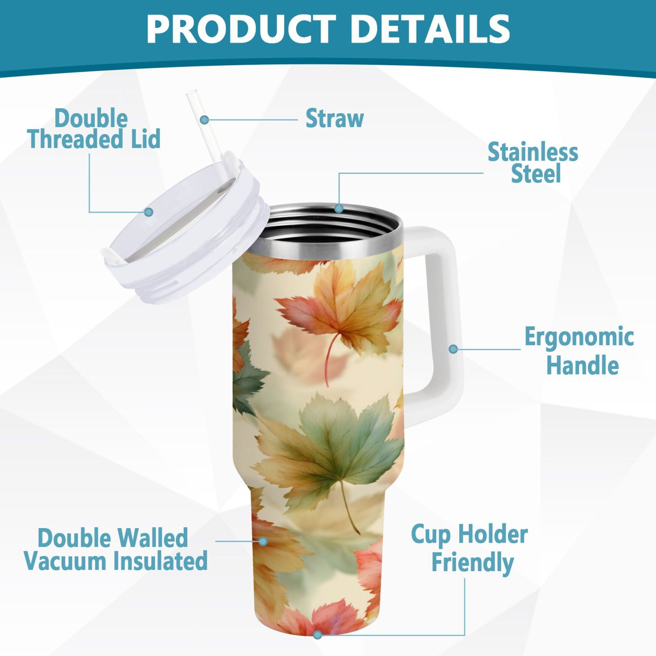 40 oz Insulated Stainless Steel Tumbler Double Wall Stainless Steel Tumbler with 2-Way Drinking Watercolor Maple Leaves Pattern - 8WWO