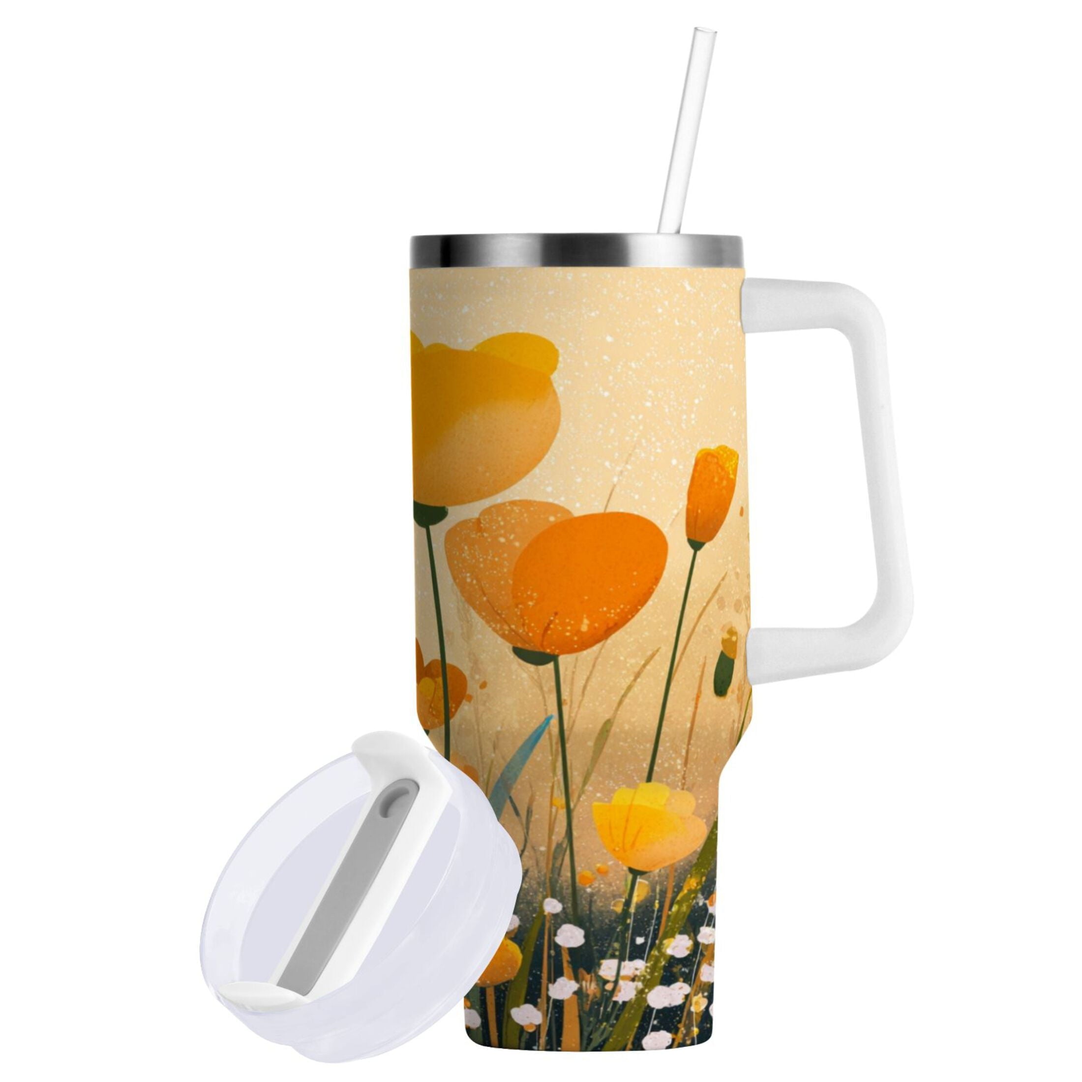 30 oz Insulated Stainless Steel Tumbler Double Wall Stainless Steel Tumbler with 2-Way Drinking Yellow Flowers on The Grass - XIHC