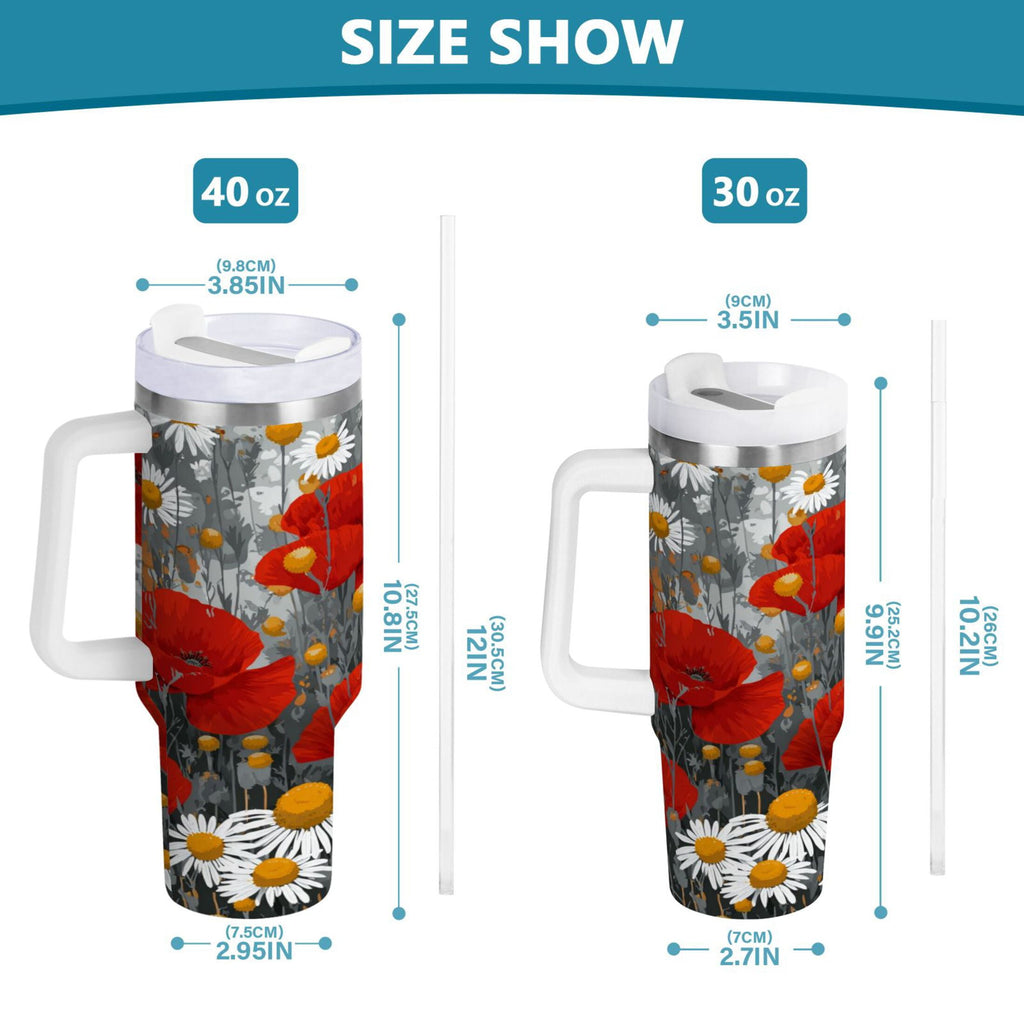 40 oz Insulated Stainless Steel Tumbler Double Wall Stainless Steel Tumbler with 2-Way Drinking Red Flowers and Daisies - RBEA