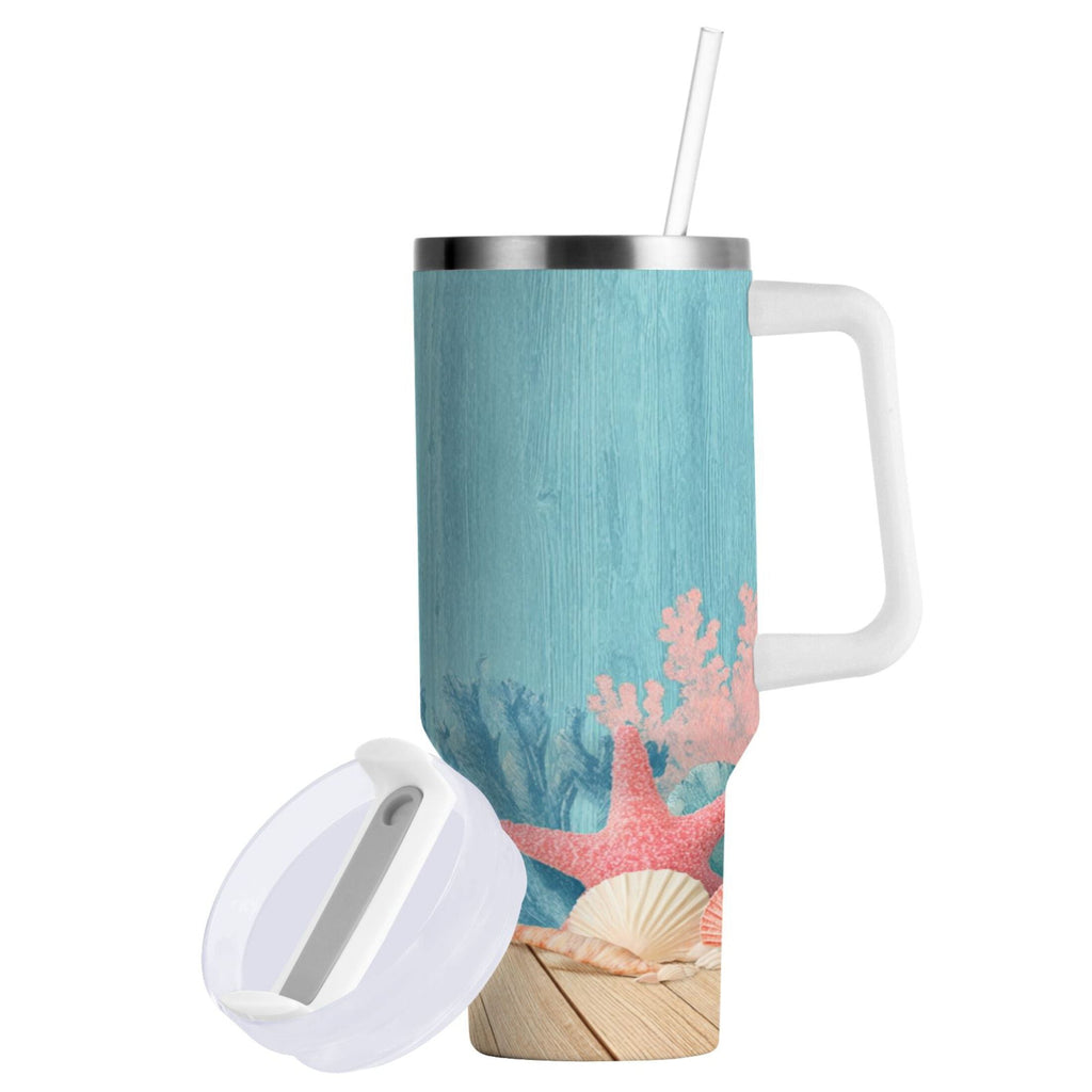 40 oz Insulated Stainless Steel Tumbler Double Wall Stainless Steel Tumbler with 2-Way Drinking Colorful Starfish and Seashells - 4T33