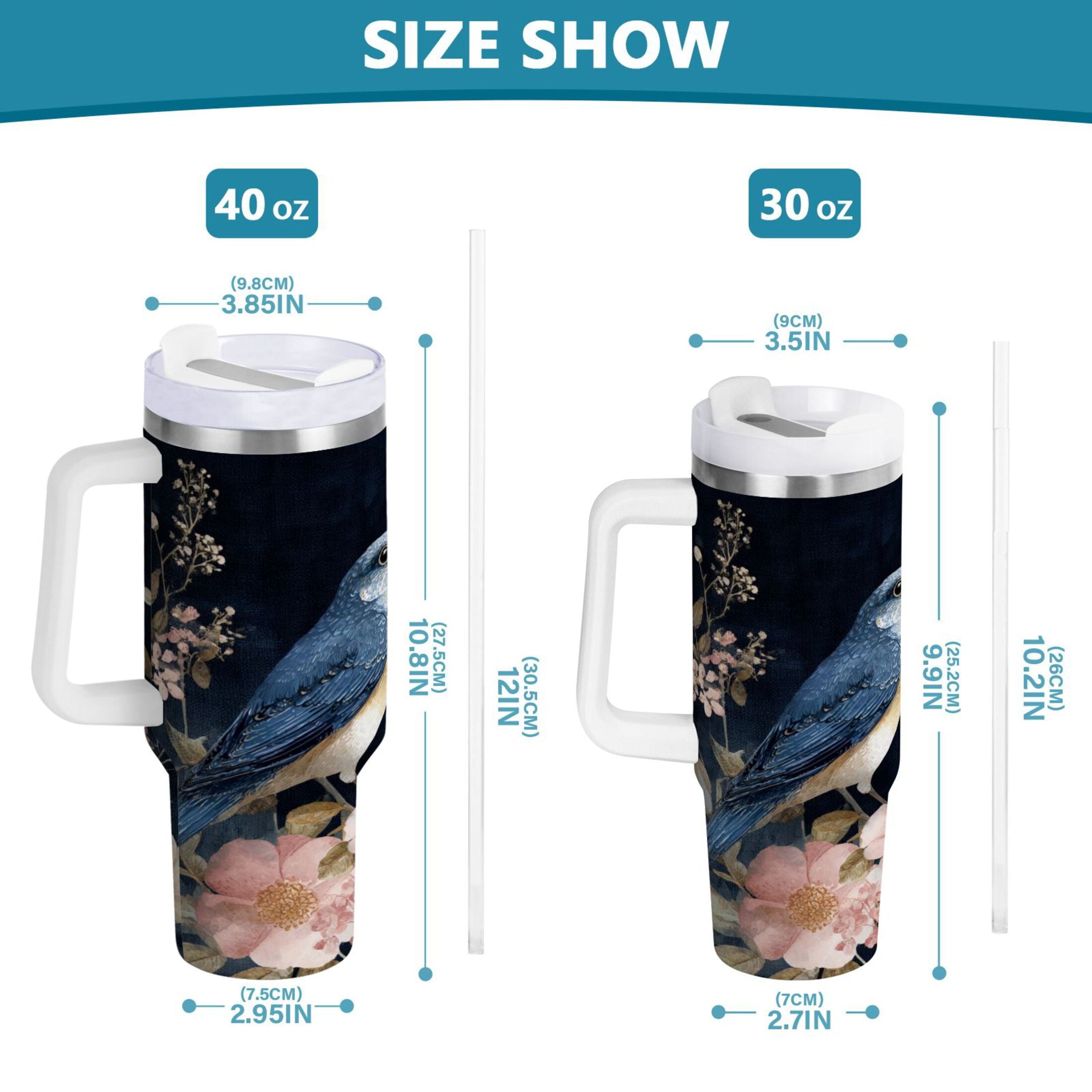 30 oz Insulated Stainless Steel Tumbler Double Wall Stainless Steel Tumbler with 2-Way Drinking Watercolor Vintage Blue Bird - CBXJ