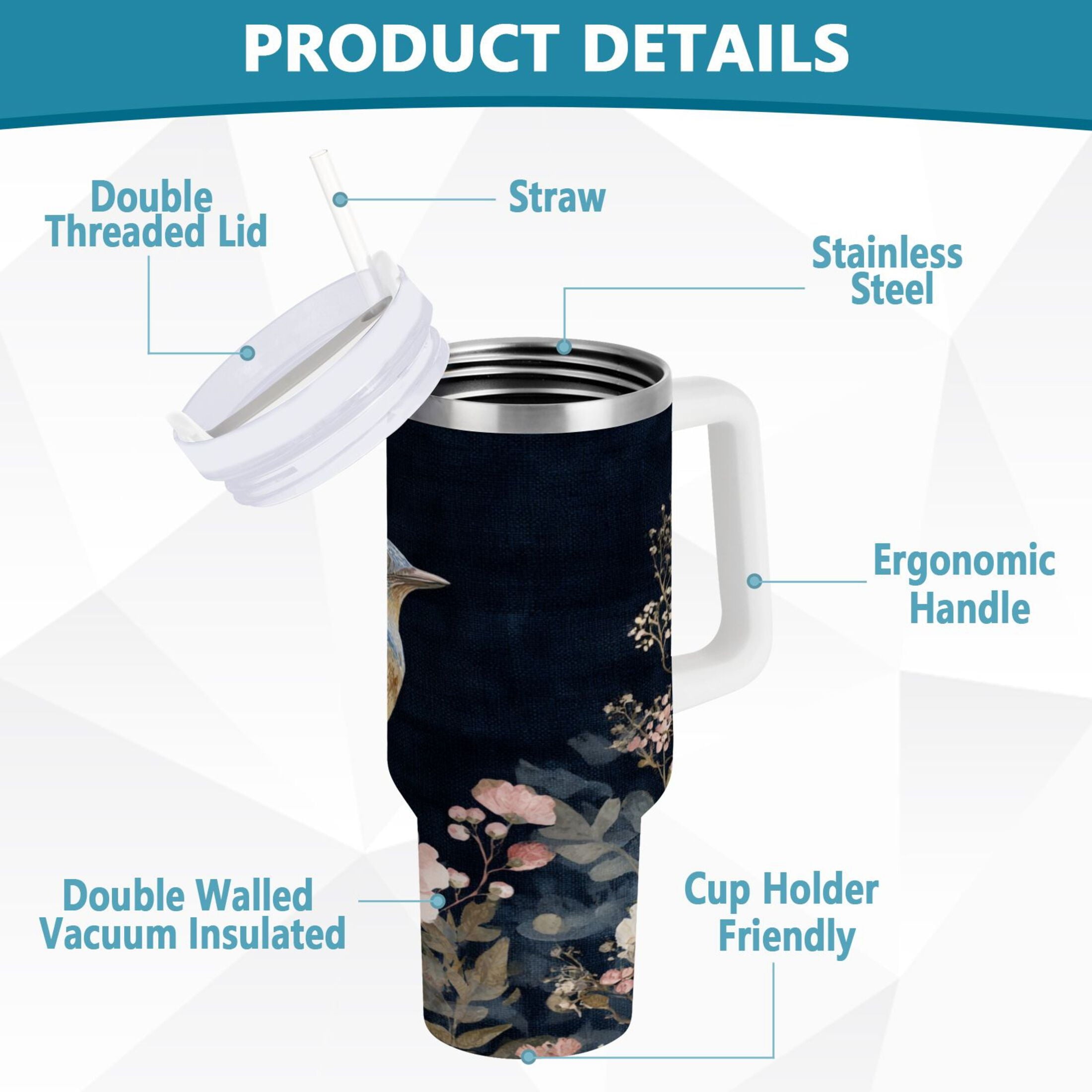 30 oz Insulated Stainless Steel Tumbler Double Wall Stainless Steel Tumbler with 2-Way Drinking Watercolor Vintage Blue Bird - CBXJ