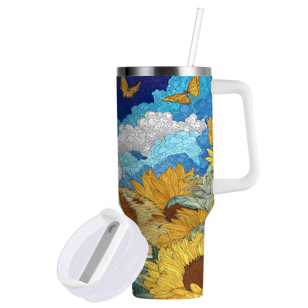 40 oz Insulated Stainless Steel Tumbler Double Wall Stainless Steel Tumbler with 2-Way Drinking Cat Lies in The Sunflowers - IUWO