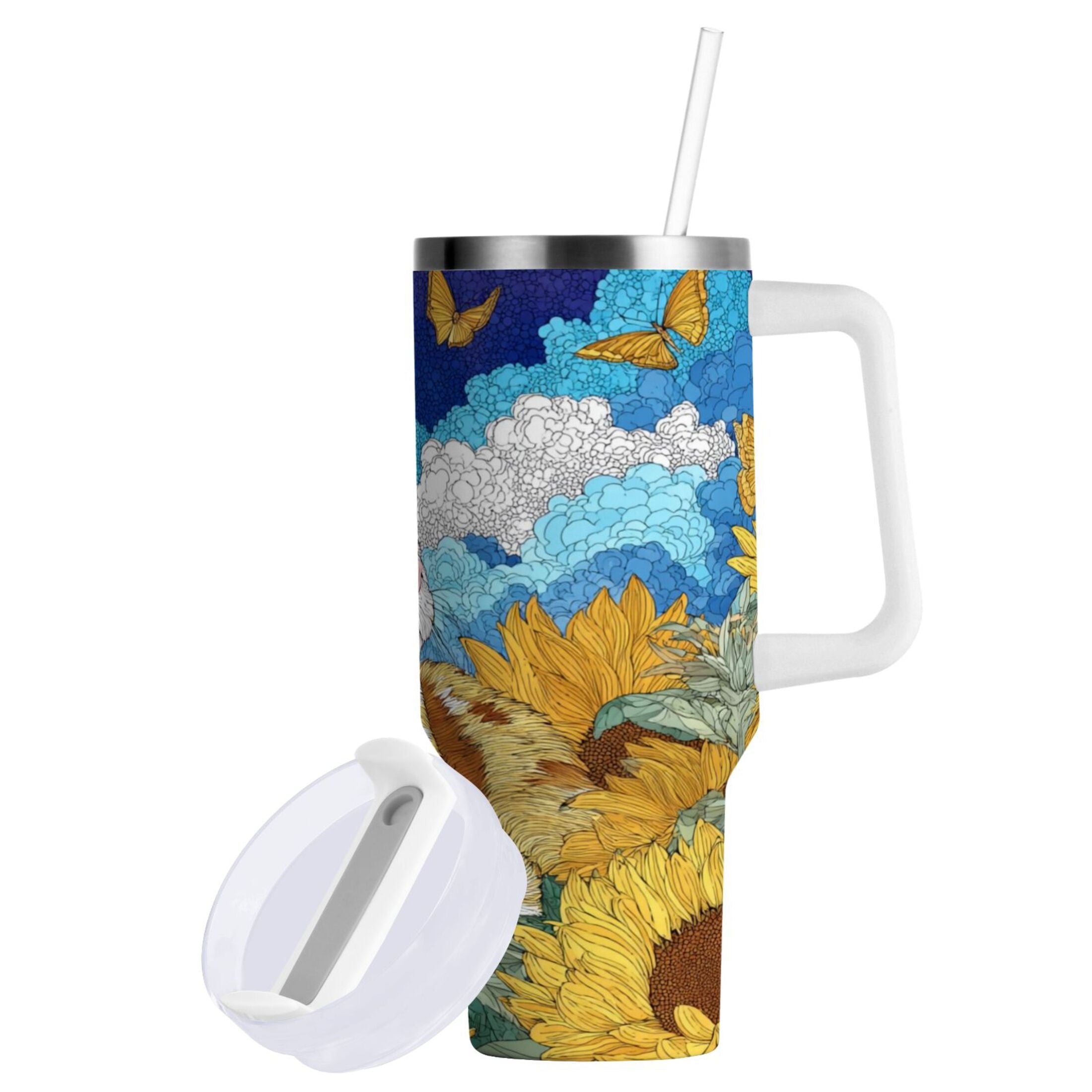 40 oz Insulated Stainless Steel Tumbler Double Wall Stainless Steel Tumbler with 2-Way Drinking Cat Lies in The Sunflowers - IUWO