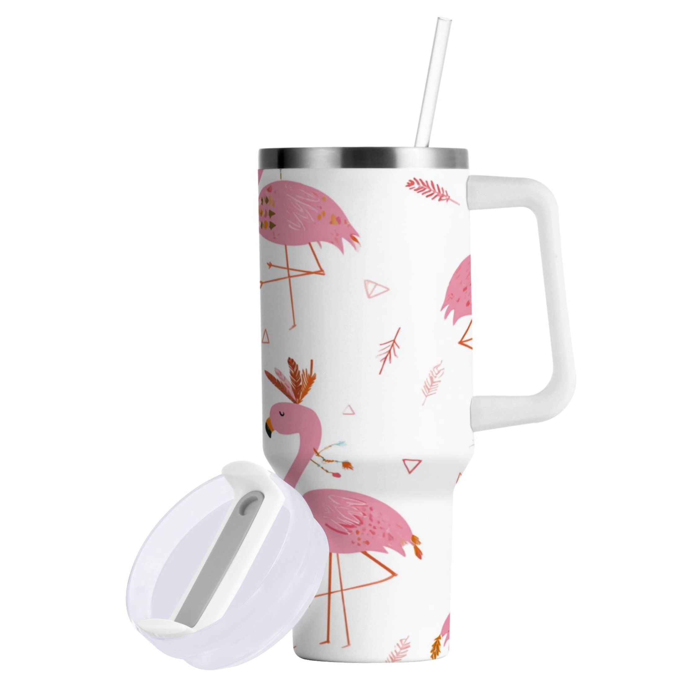 40 oz Insulated Stainless Steel Tumbler Double Wall Stainless Steel Tumbler with 2-Way Drinking Cute Pink Flamingo Pattern - PONW