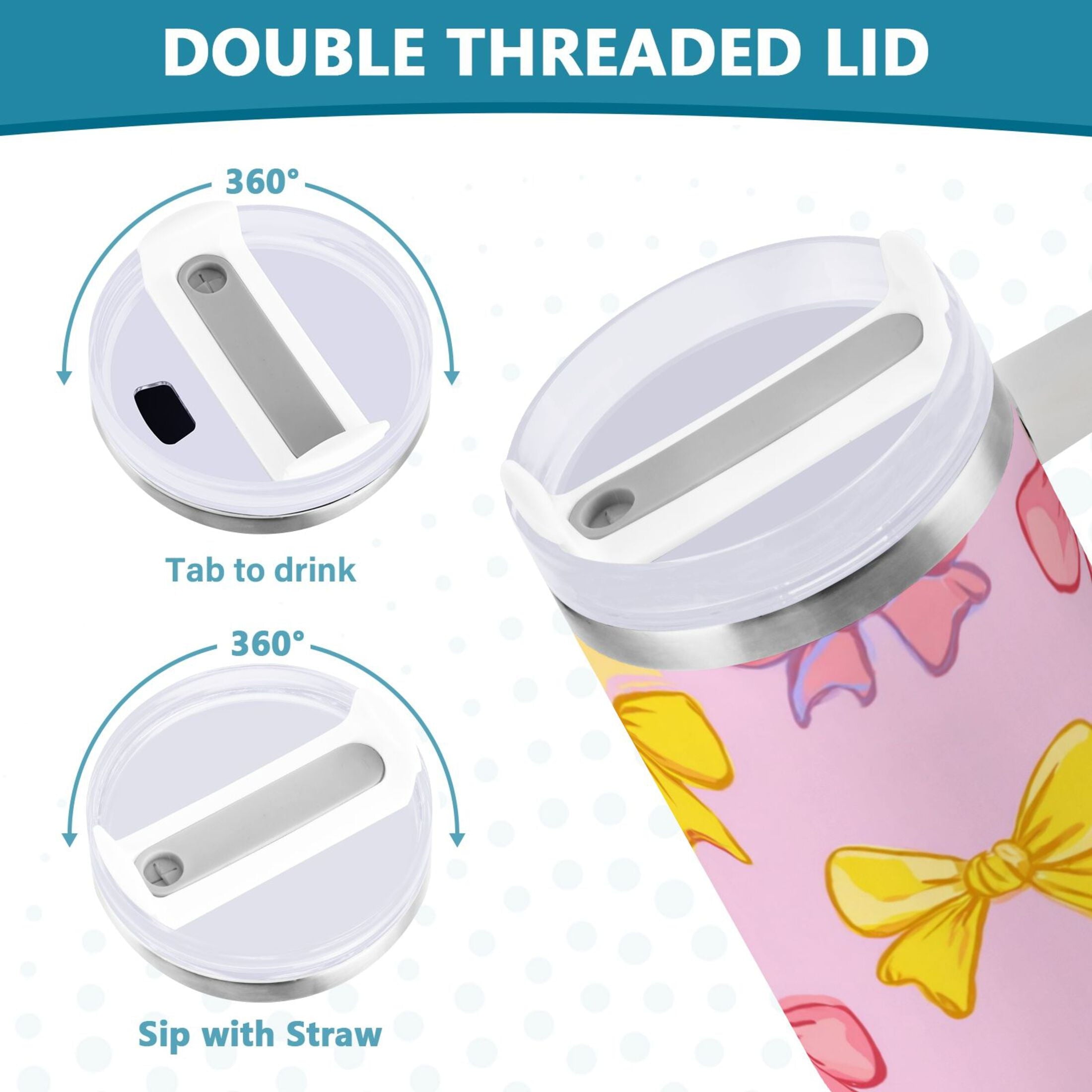 30 oz Insulated Stainless Steel Tumbler Double Wall Stainless Steel Tumbler with 2-Way Drinking Yellow and Pink Bows - Y0T2