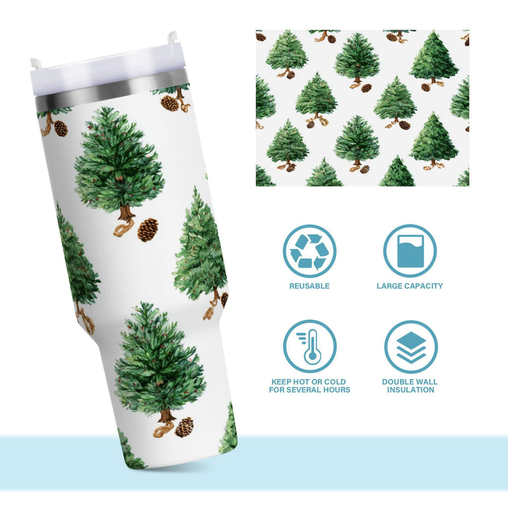30 oz Insulated Stainless Steel Tumbler Double Wall Stainless Steel Tumbler with 2-Way Drinking Watercolor Green Christmas Tree - HY7R