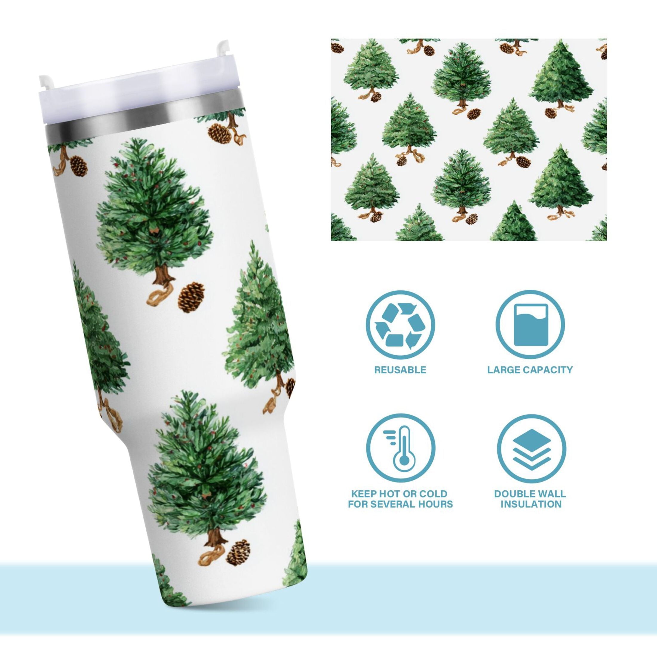 30 oz Insulated Stainless Steel Tumbler Double Wall Stainless Steel Tumbler with 2-Way Drinking Watercolor Green Christmas Tree - HY7R