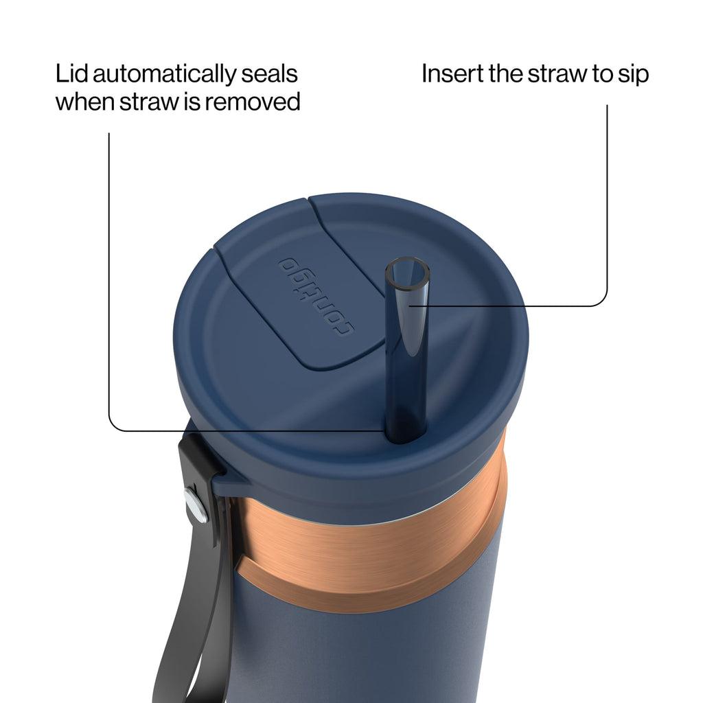 Contigo SnapSeal Leakproof Stainless Steel Reusable Water Bottle with Carrying Strap, Dark Blue/Bronze, 24 oz - 2NSK