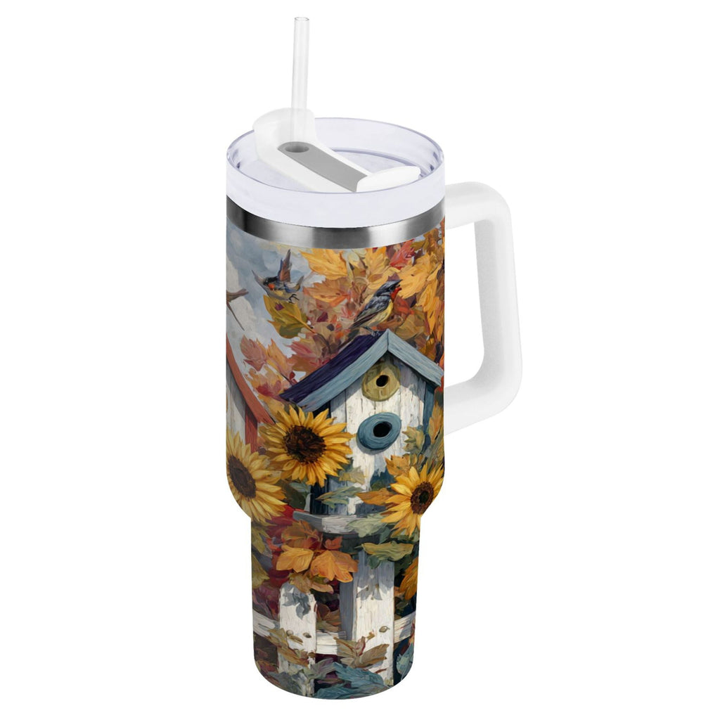 30 oz Insulated Stainless Steel Tumbler Double Wall Stainless Steel Tumbler with 2-Way Drinking Birdhouses with Sunflowers - D8US