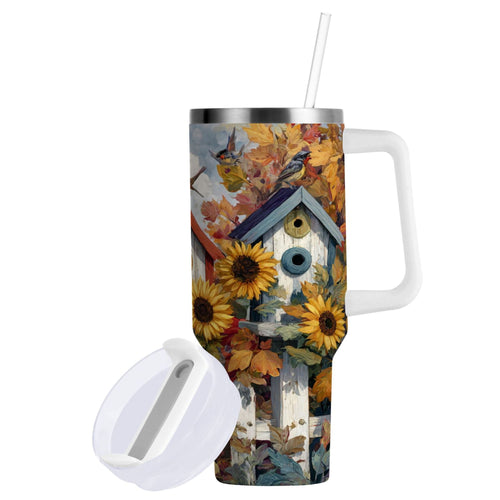 30 oz Insulated Stainless Steel Tumbler Double Wall Stainless Steel Tumbler with 2-Way Drinking Birdhouses with Sunflowers - D8US