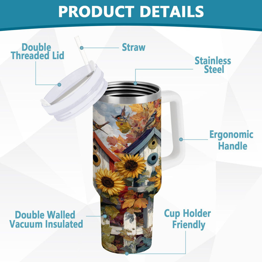 30 oz Insulated Stainless Steel Tumbler Double Wall Stainless Steel Tumbler with 2-Way Drinking Birdhouses with Sunflowers - D8US