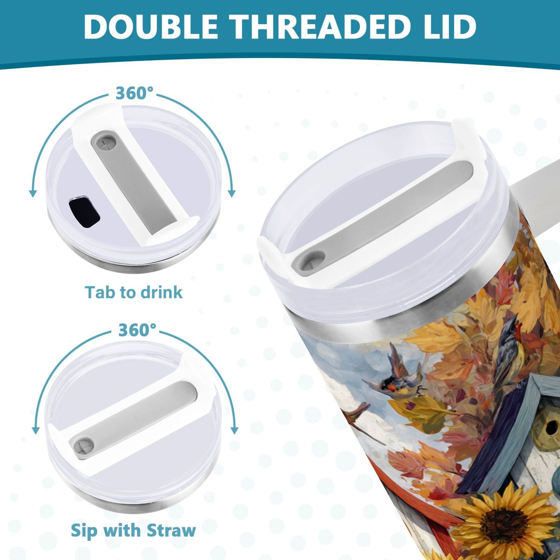 30 oz Insulated Stainless Steel Tumbler Double Wall Stainless Steel Tumbler with 2-Way Drinking Birdhouses with Sunflowers - D8US