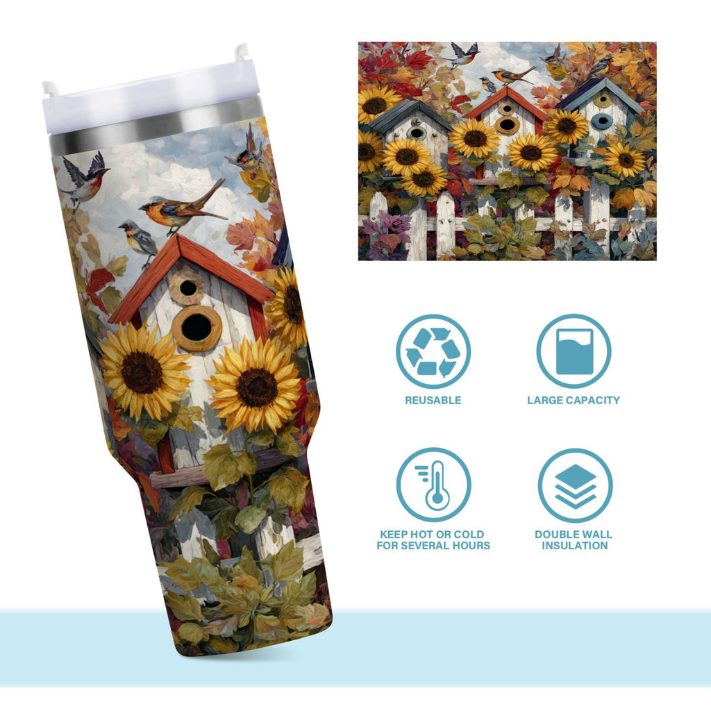 30 oz Insulated Stainless Steel Tumbler Double Wall Stainless Steel Tumbler with 2-Way Drinking Birdhouses with Sunflowers - D8US