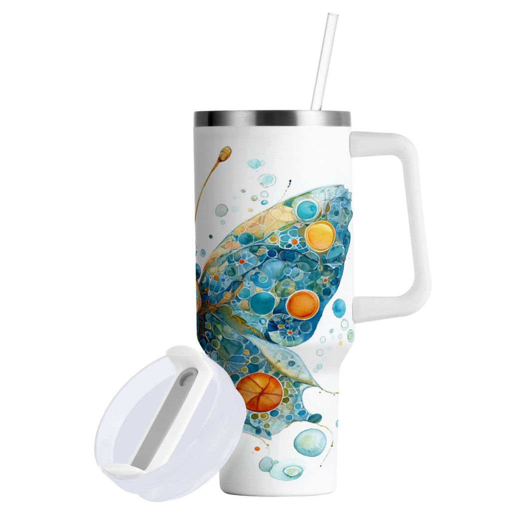 40 oz Insulated Stainless Steel Tumbler Double Wall Stainless Steel Tumbler with 2-Way Drinking Intricately Butterfly - J8TN