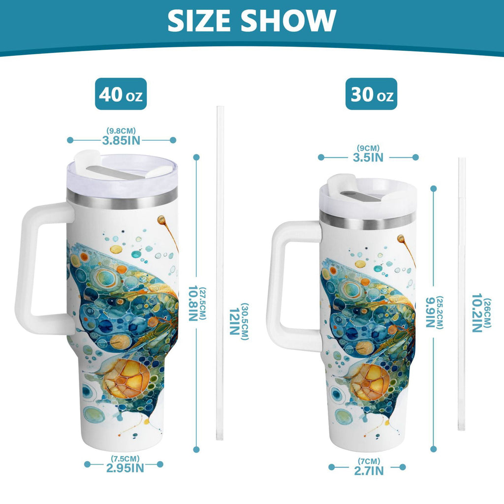 40 oz Insulated Stainless Steel Tumbler Double Wall Stainless Steel Tumbler with 2-Way Drinking Intricately Butterfly - J8TN