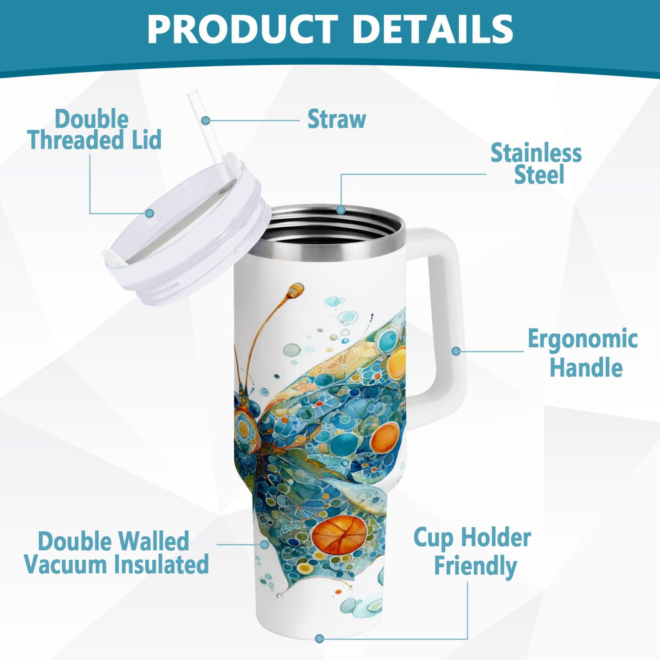 40 oz Insulated Stainless Steel Tumbler Double Wall Stainless Steel Tumbler with 2-Way Drinking Intricately Butterfly - J8TN