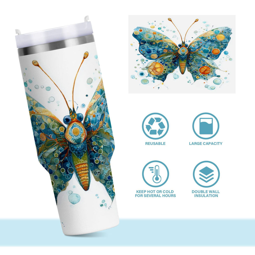 40 oz Insulated Stainless Steel Tumbler Double Wall Stainless Steel Tumbler with 2-Way Drinking Intricately Butterfly - J8TN