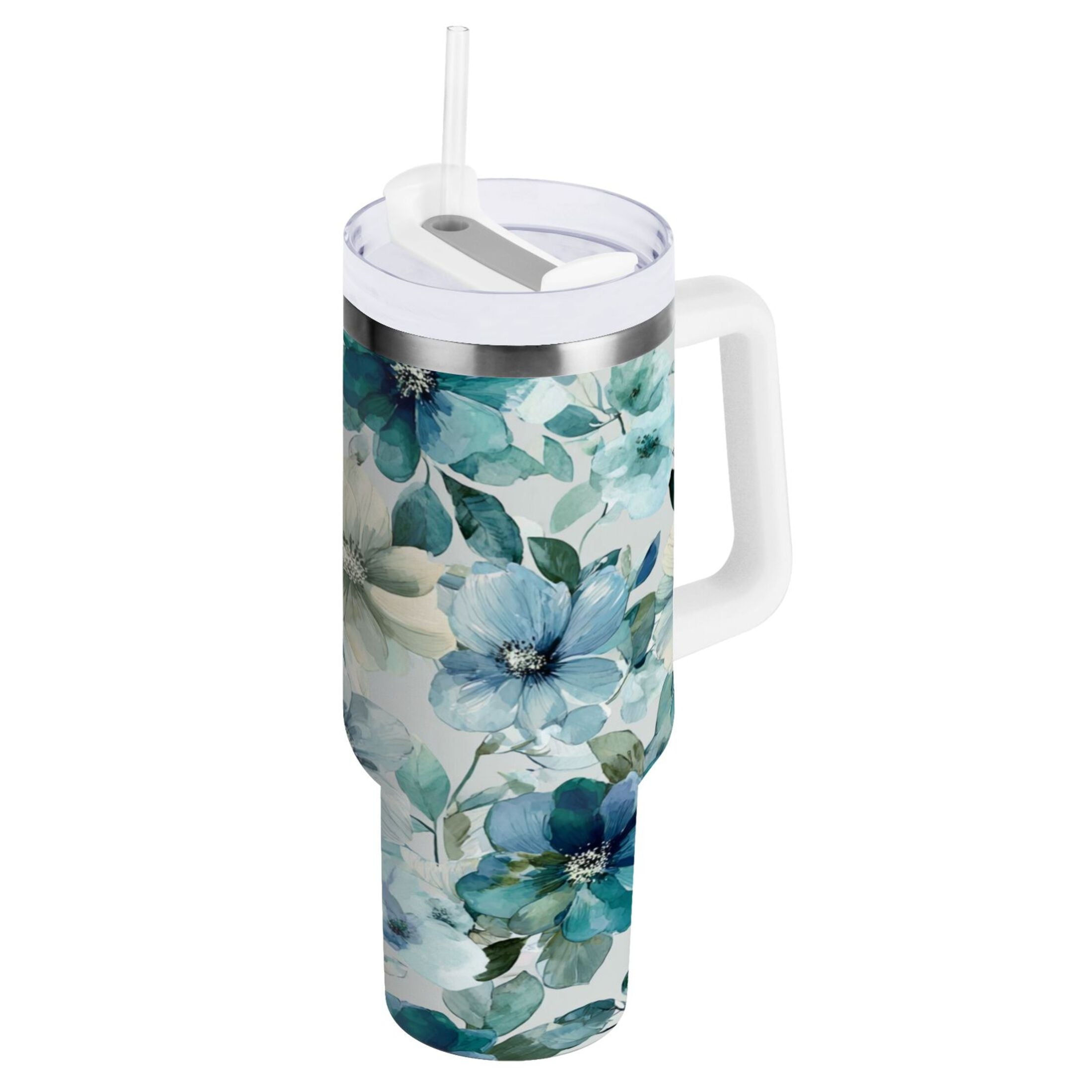 30 oz Insulated Stainless Steel Tumbler Double Wall Stainless Steel Tumbler with 2-Way Drinking Blue and Green Flowers - 1NIS
