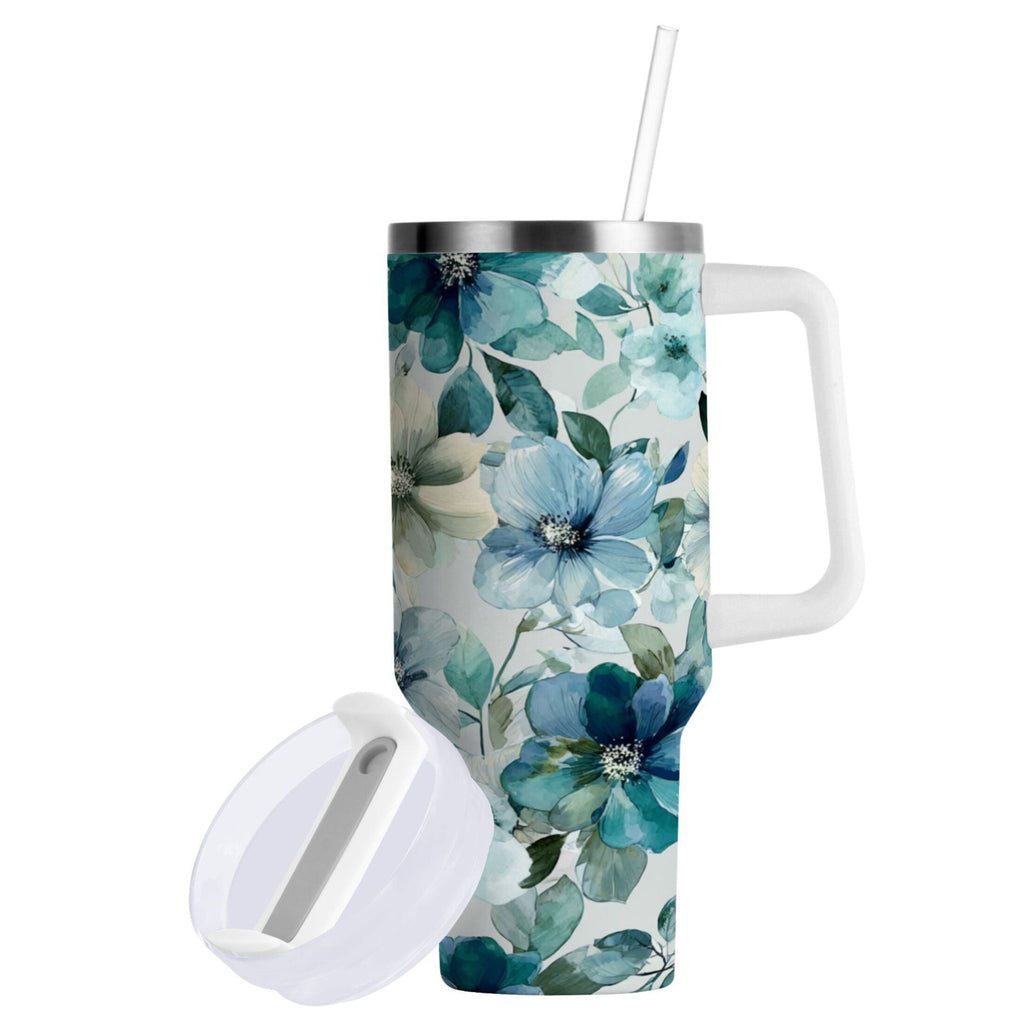 30 oz Insulated Stainless Steel Tumbler Double Wall Stainless Steel Tumbler with 2-Way Drinking Blue and Green Flowers - 1NIS