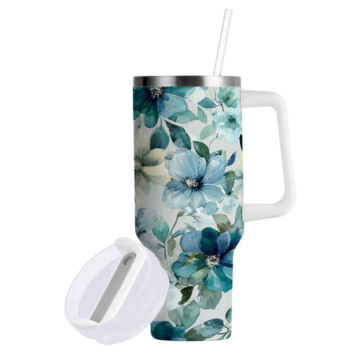 30 oz Insulated Stainless Steel Tumbler Double Wall Stainless Steel Tumbler with 2-Way Drinking Blue and Green Flowers - 1NIS