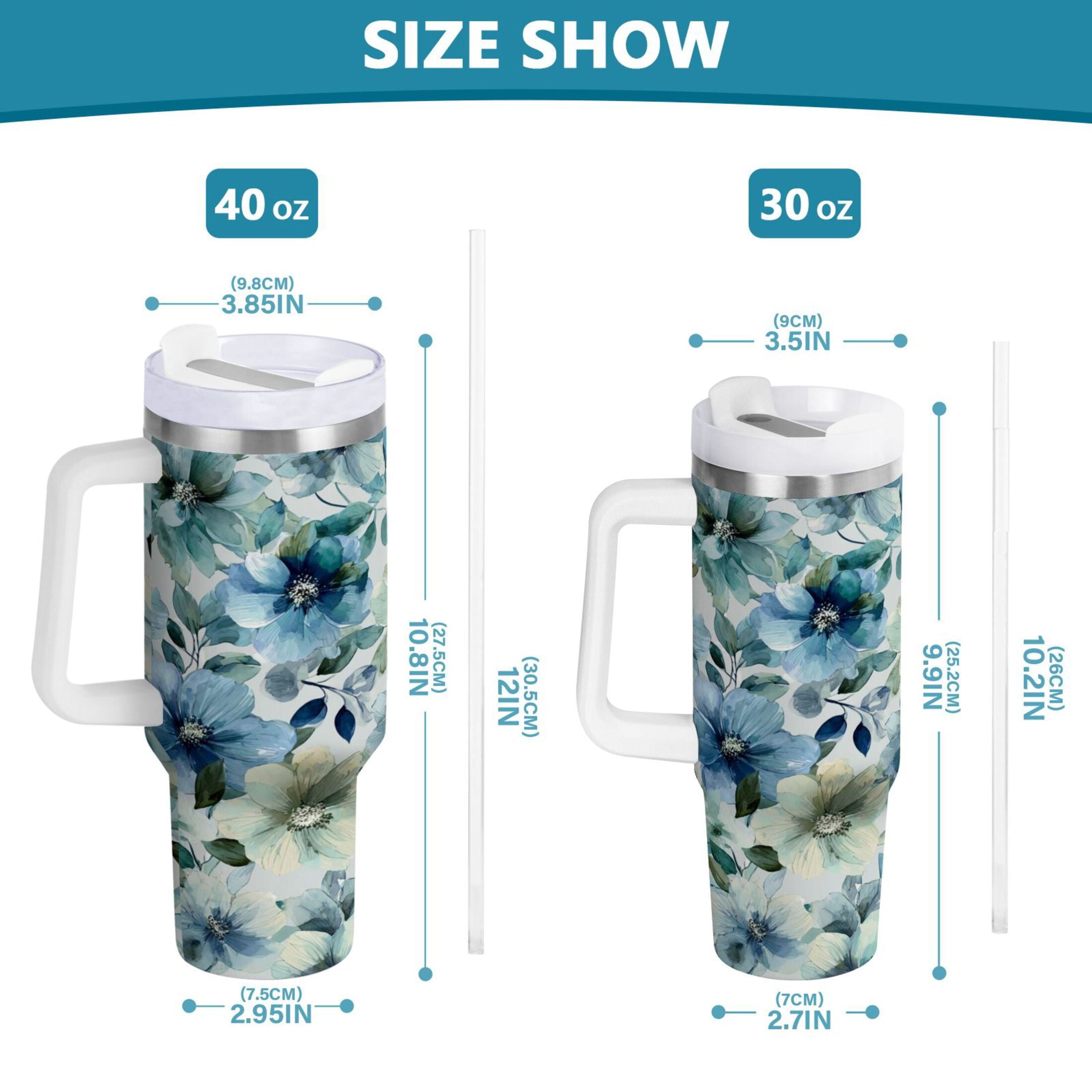 30 oz Insulated Stainless Steel Tumbler Double Wall Stainless Steel Tumbler with 2-Way Drinking Blue and Green Flowers - 1NIS