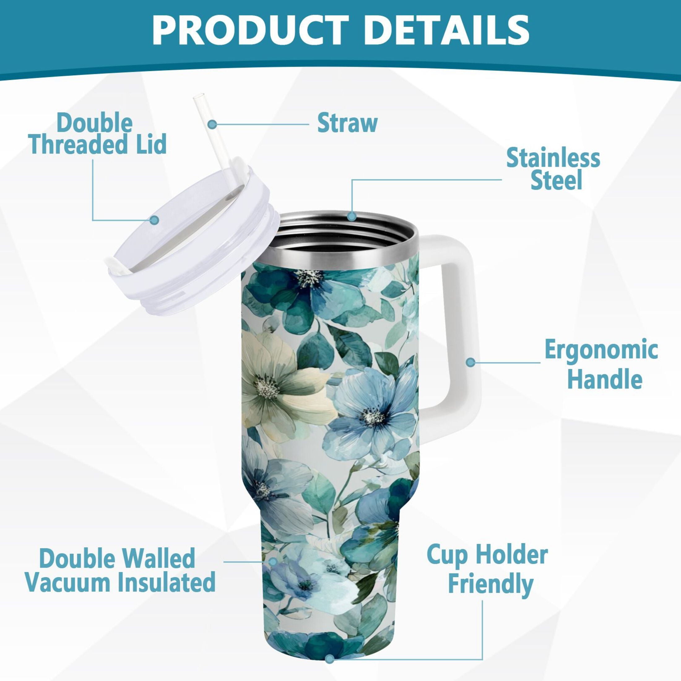 30 oz Insulated Stainless Steel Tumbler Double Wall Stainless Steel Tumbler with 2-Way Drinking Blue and Green Flowers - 1NIS