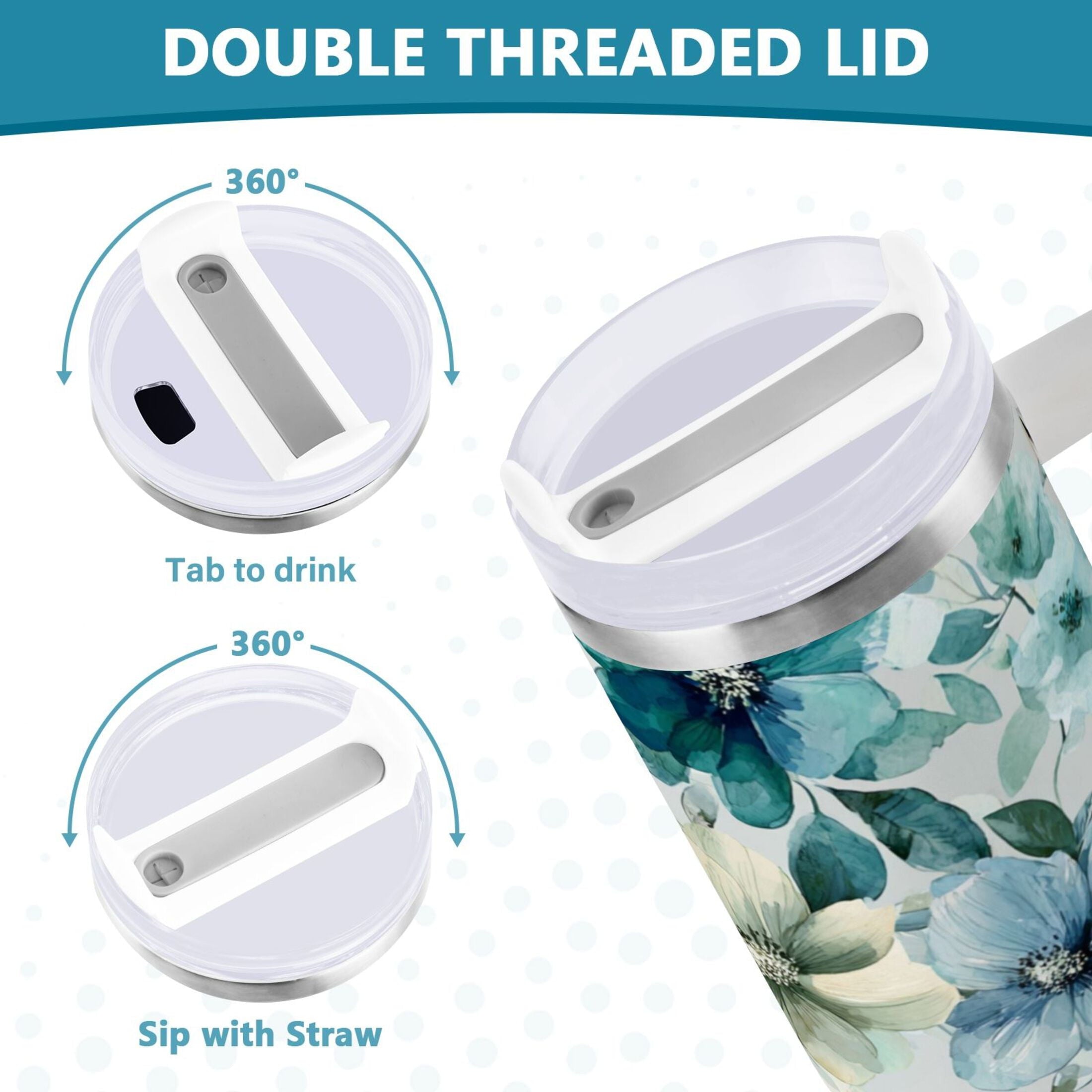 30 oz Insulated Stainless Steel Tumbler Double Wall Stainless Steel Tumbler with 2-Way Drinking Blue and Green Flowers - 1NIS