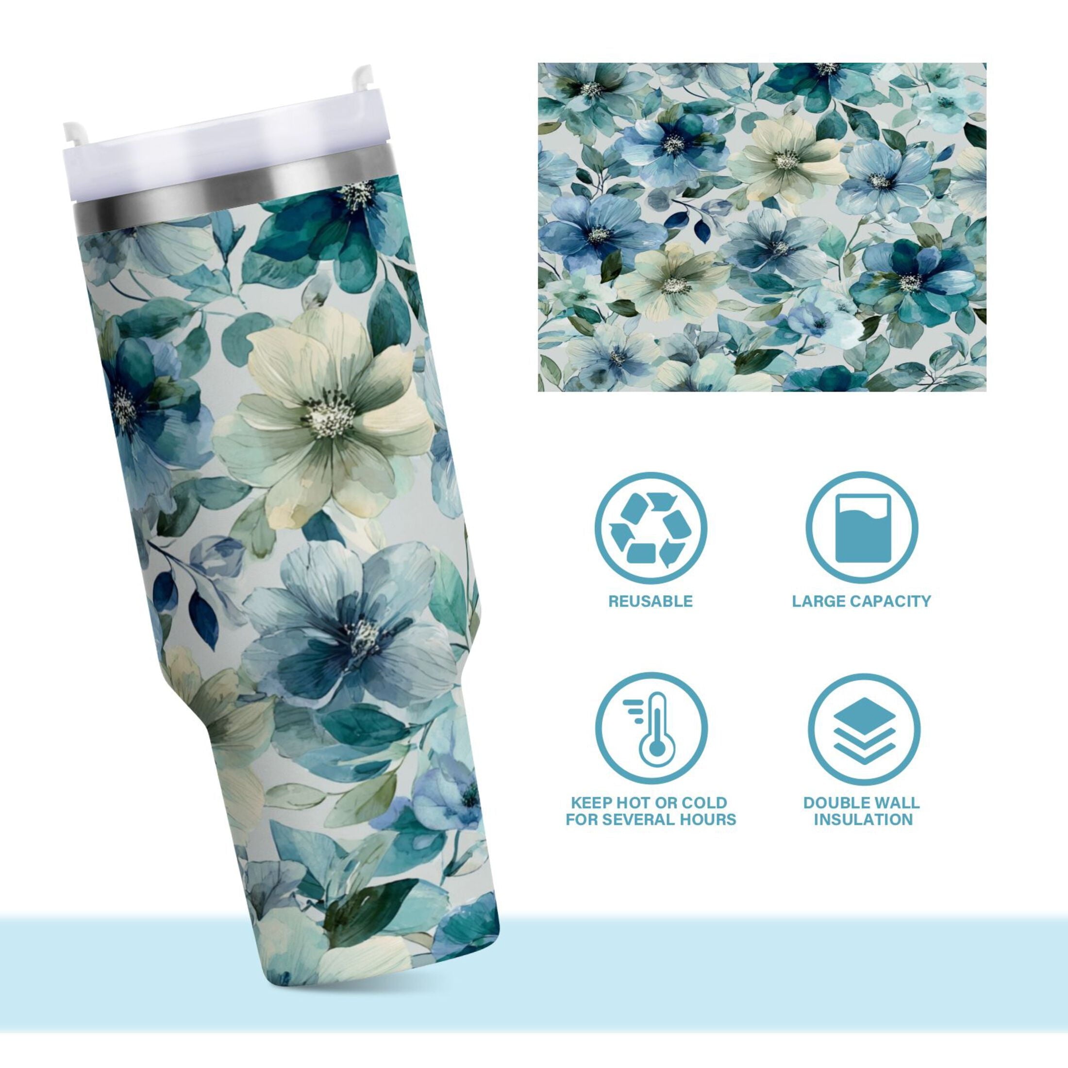 30 oz Insulated Stainless Steel Tumbler Double Wall Stainless Steel Tumbler with 2-Way Drinking Blue and Green Flowers - 1NIS