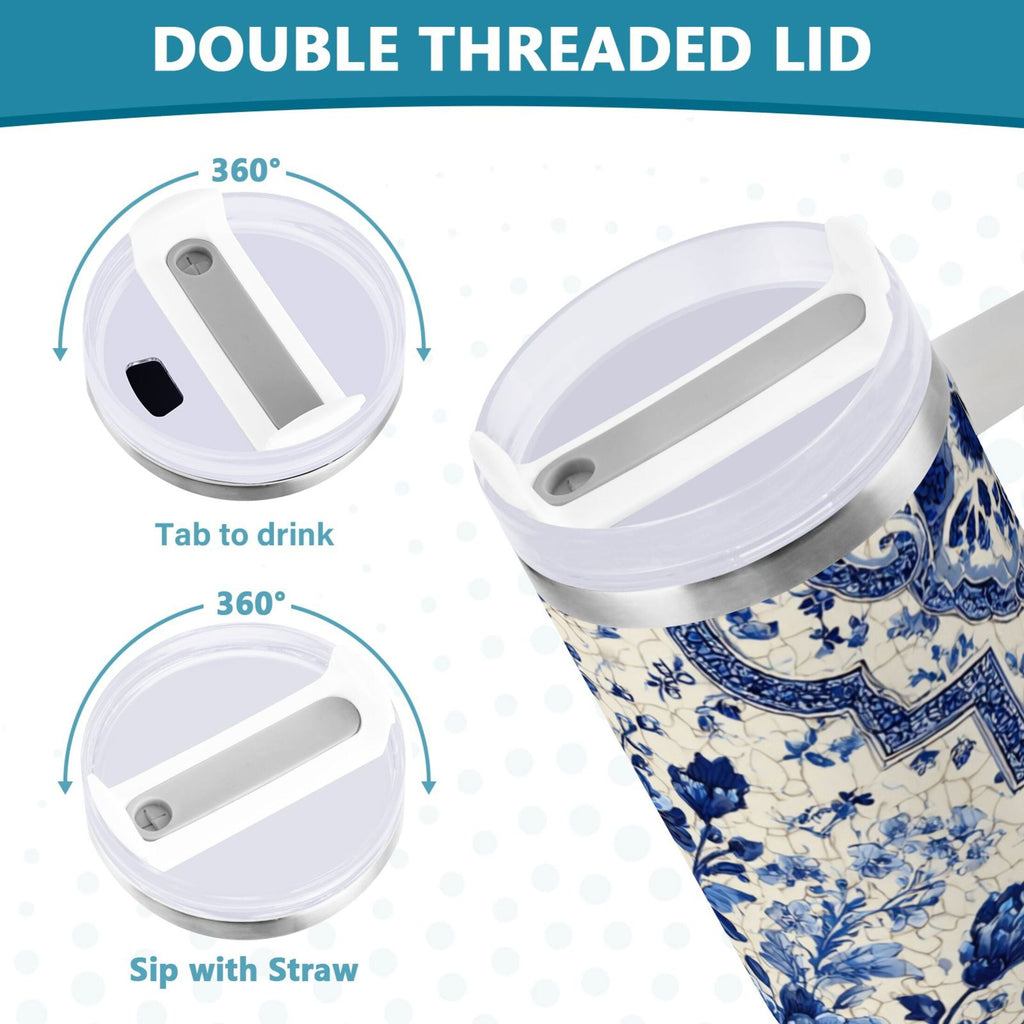 30 oz Insulated Stainless Steel Tumbler Double Wall Stainless Steel Tumbler with 2-Way Drinking Blue and White Porcelain-style - 4WF2