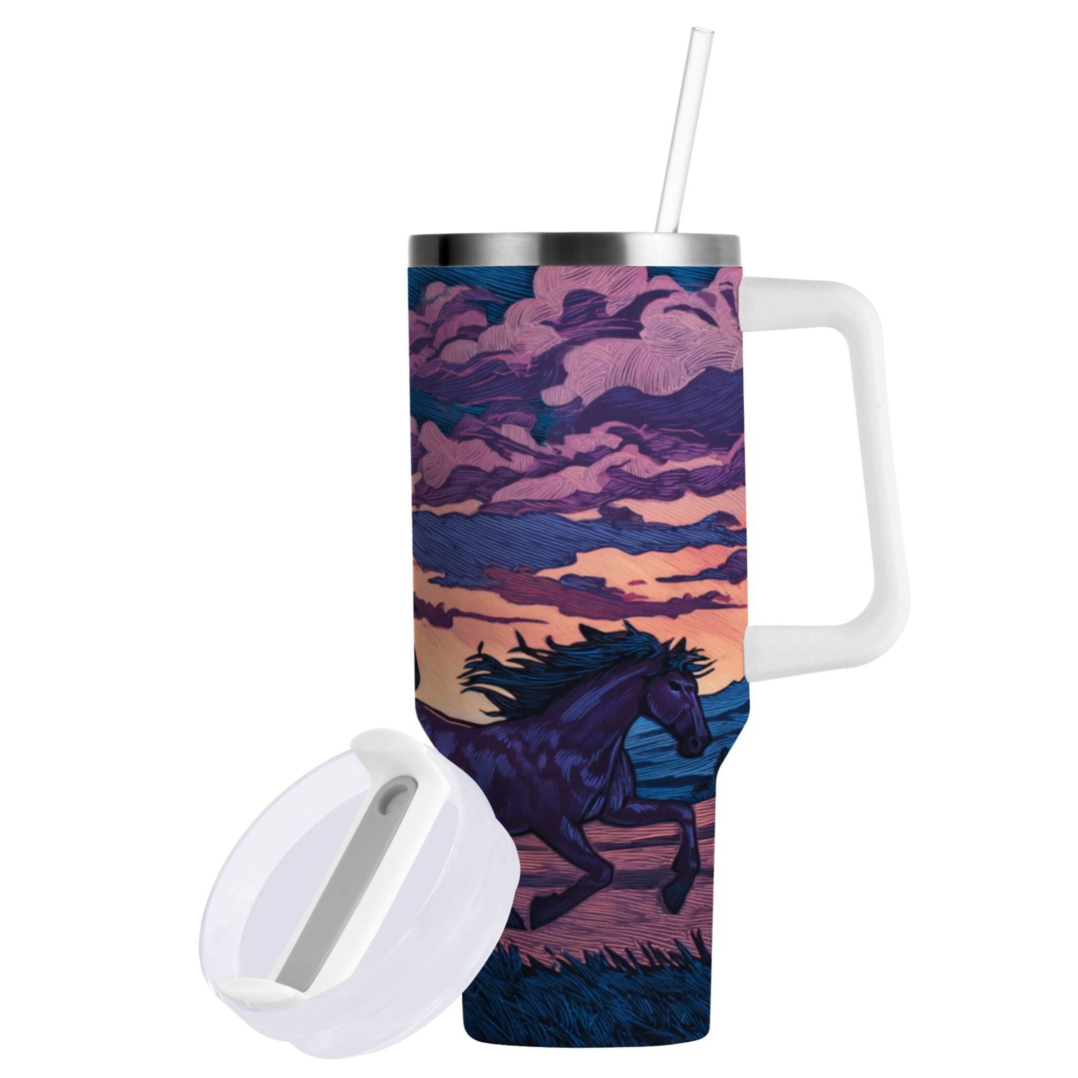 40 oz Insulated Stainless Steel Tumbler Double Wall Stainless Steel Tumbler with 2-Way Drinking Wild Horses Running - F54D