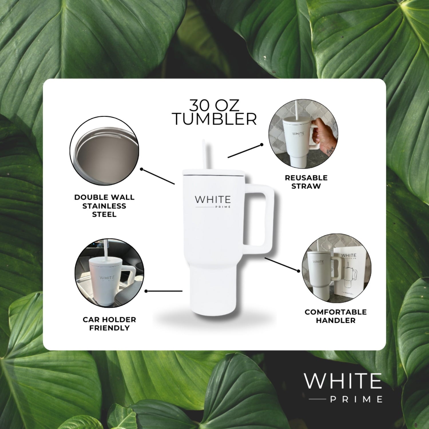 Tumbler 30 oz – Stainless Steel Cup with Handle and Lid | White Prime - 5PV8