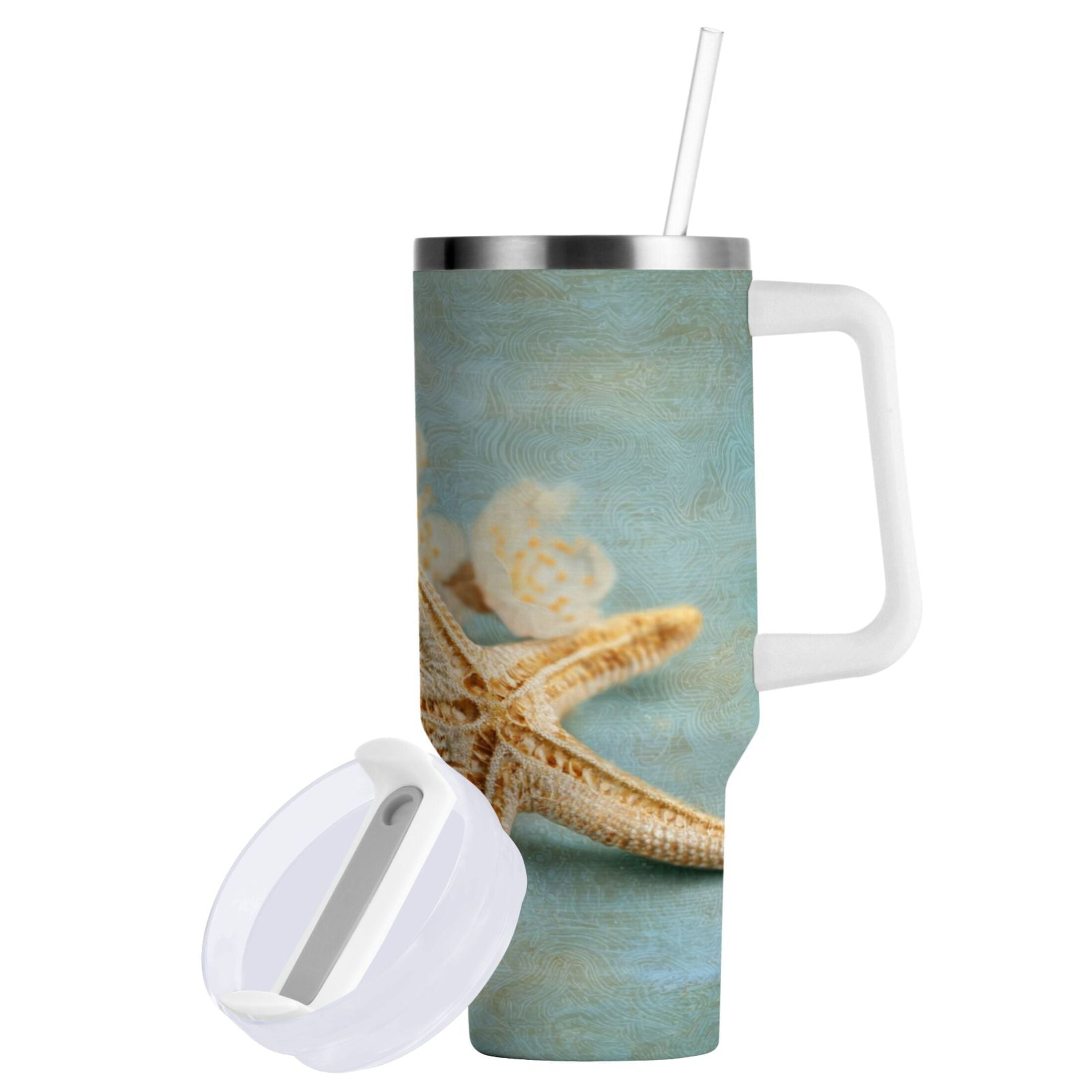 30 oz Insulated Stainless Steel Tumbler Double Wall Stainless Steel Tumbler with 2-Way Drinking Starfish with Flowers - S8OR