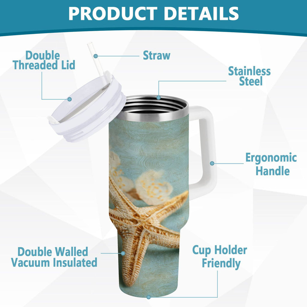 30 oz Insulated Stainless Steel Tumbler Double Wall Stainless Steel Tumbler with 2-Way Drinking Starfish with Flowers - S8OR