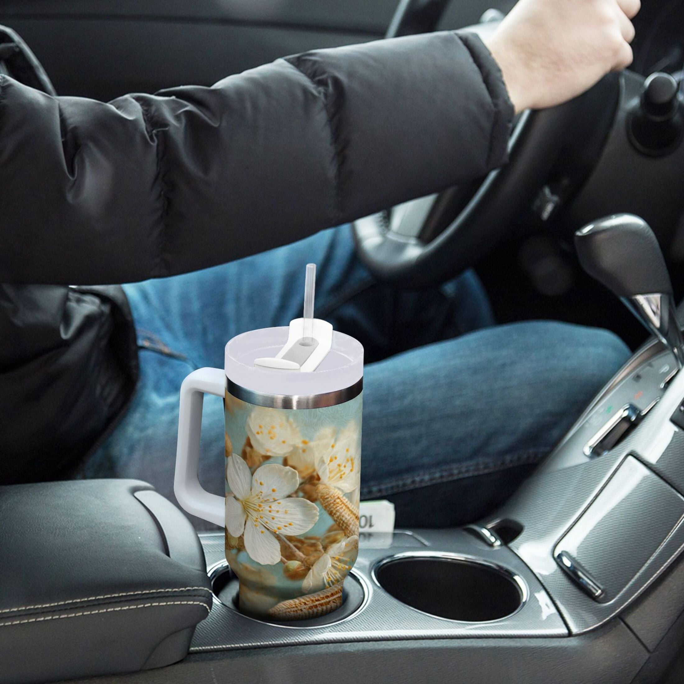 30 oz Insulated Stainless Steel Tumbler Double Wall Stainless Steel Tumbler with 2-Way Drinking Starfish with Flowers - S8OR