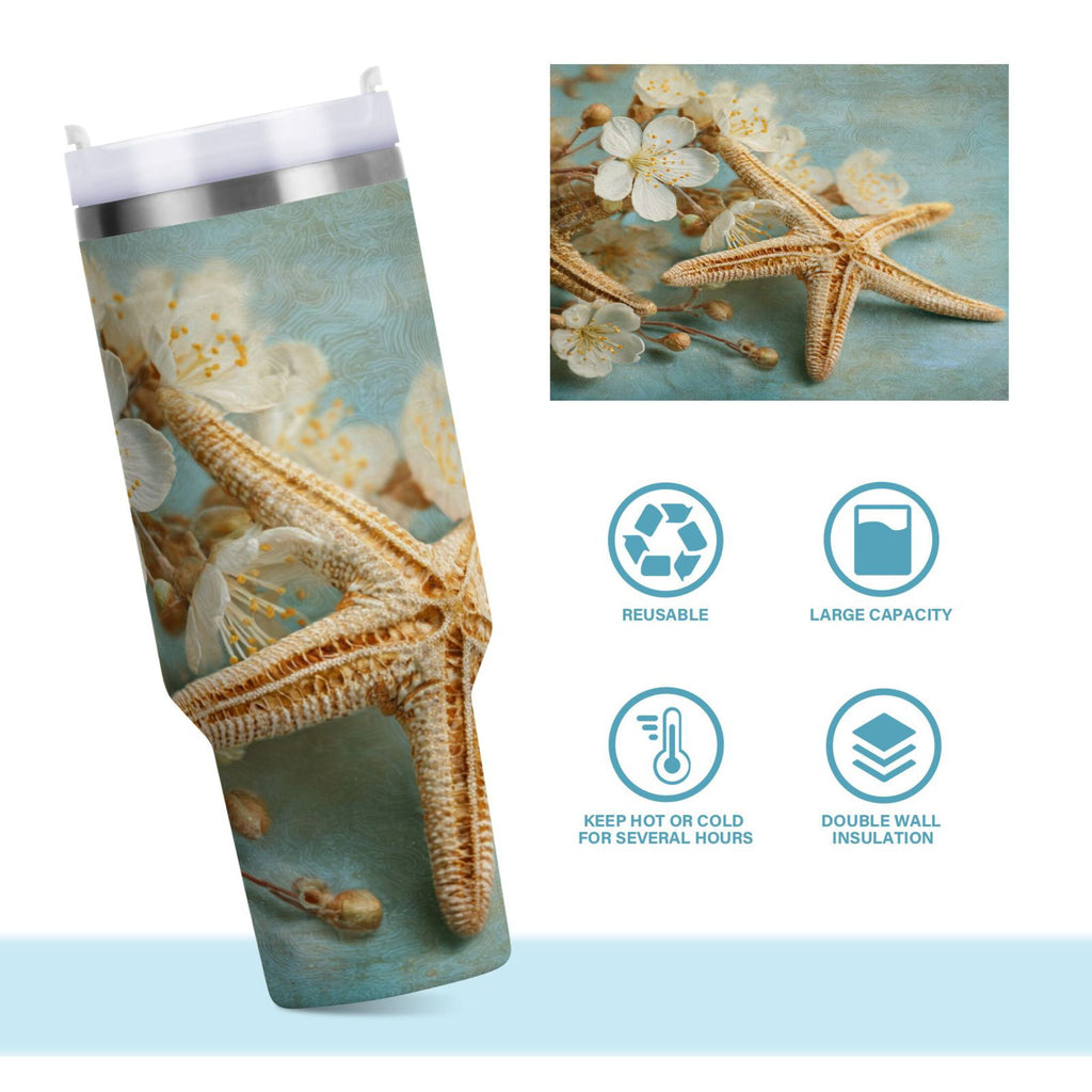 30 oz Insulated Stainless Steel Tumbler Double Wall Stainless Steel Tumbler with 2-Way Drinking Starfish with Flowers - S8OR