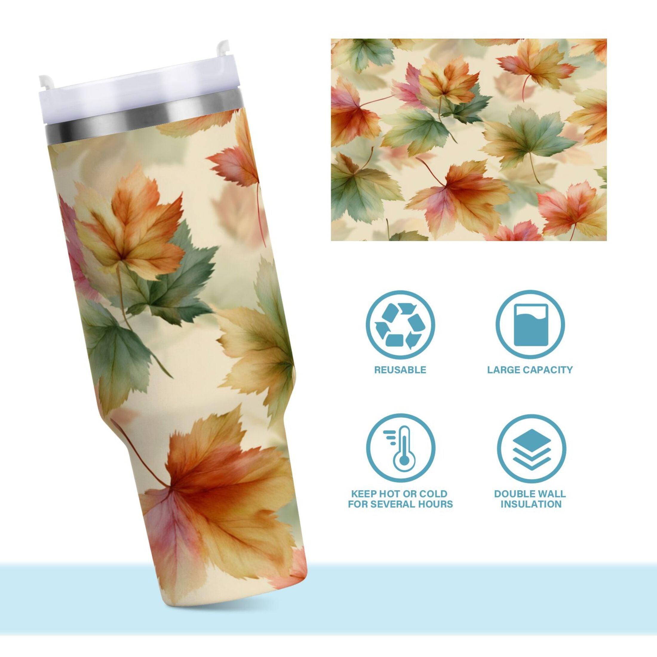 40 oz Insulated Stainless Steel Tumbler Double Wall Stainless Steel Tumbler with 2-Way Drinking Watercolor Maple Leaves Pattern - 8WWO