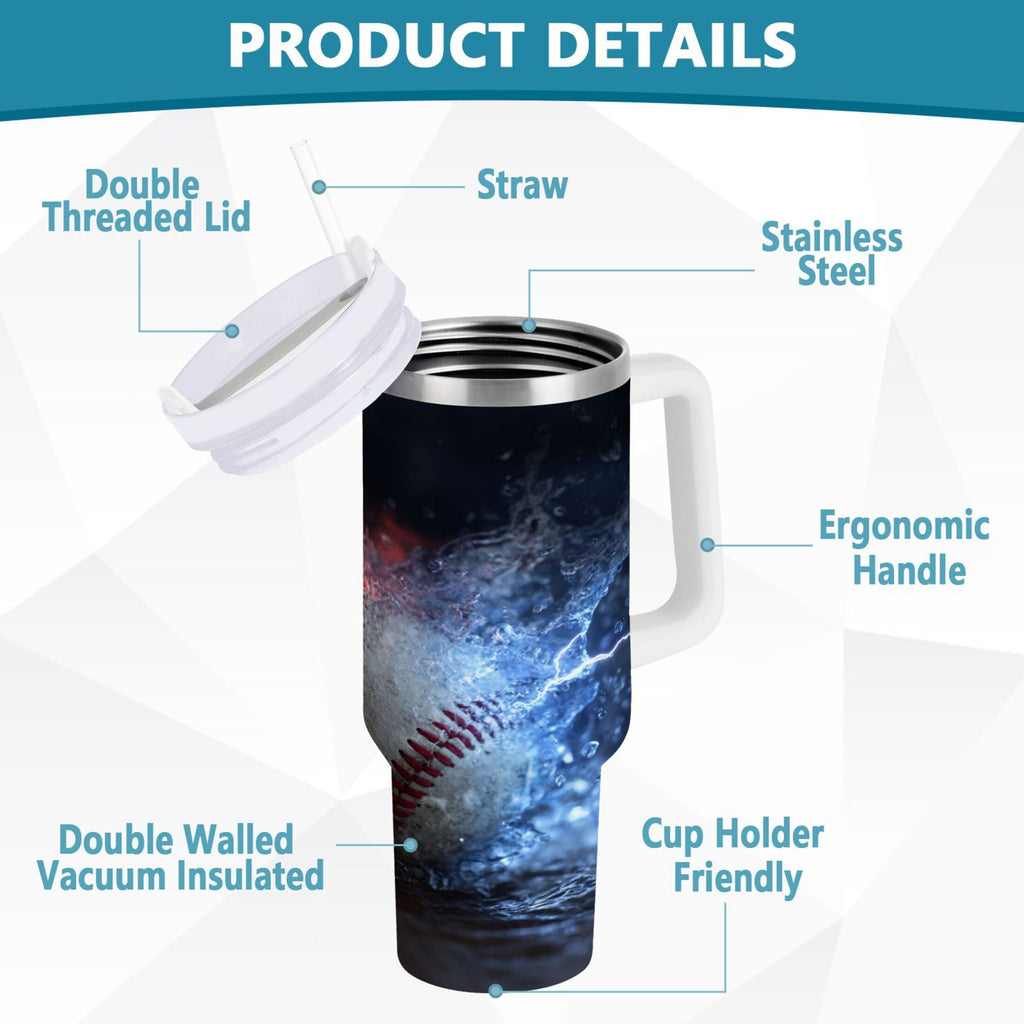 40 oz Insulated Stainless Steel Tumbler Double Wall Stainless Steel Tumbler with 2-Way Drinking Baseball with Water and Fire - 2KOP