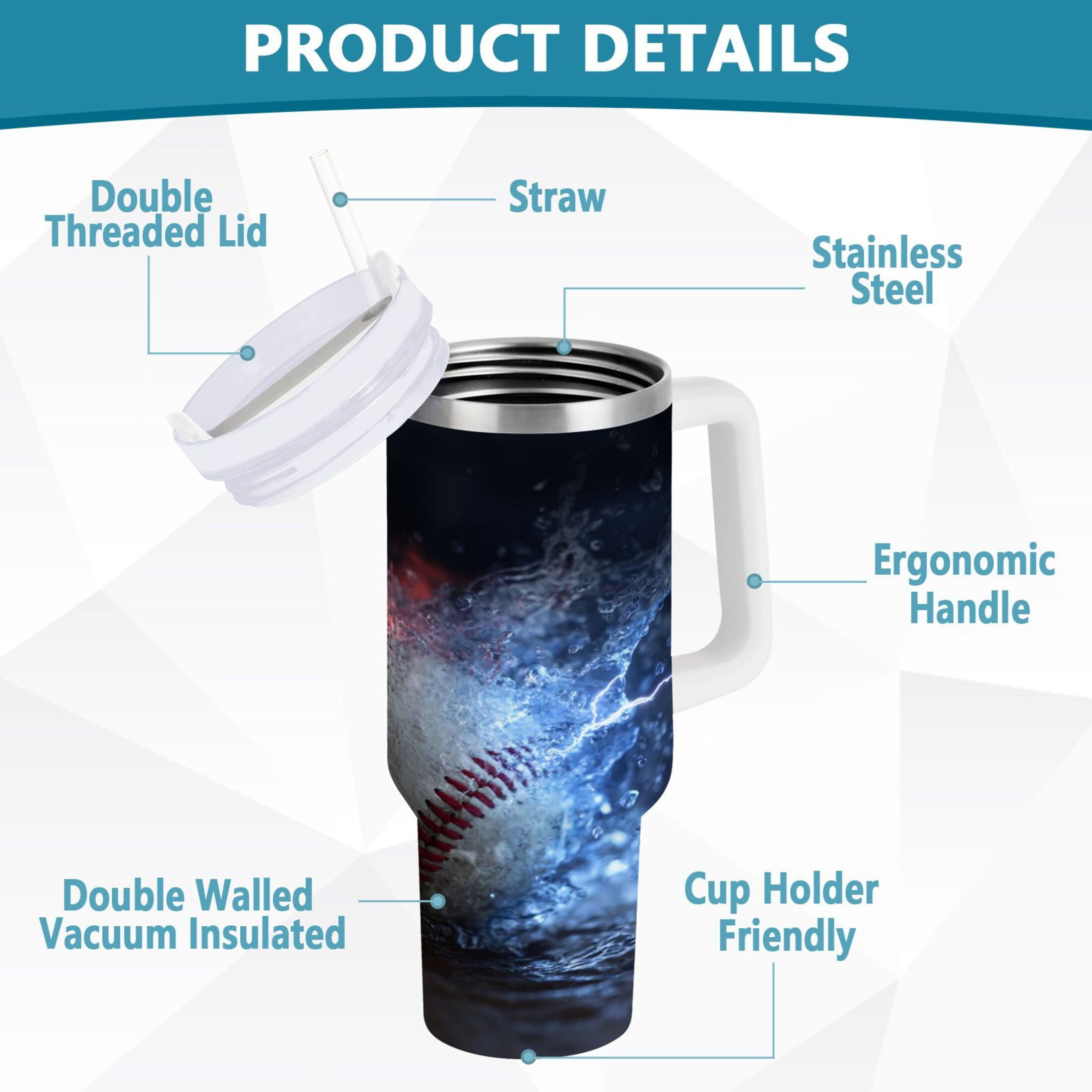 40 oz Insulated Stainless Steel Tumbler Double Wall Stainless Steel Tumbler with 2-Way Drinking Baseball with Water and Fire - 2KOP