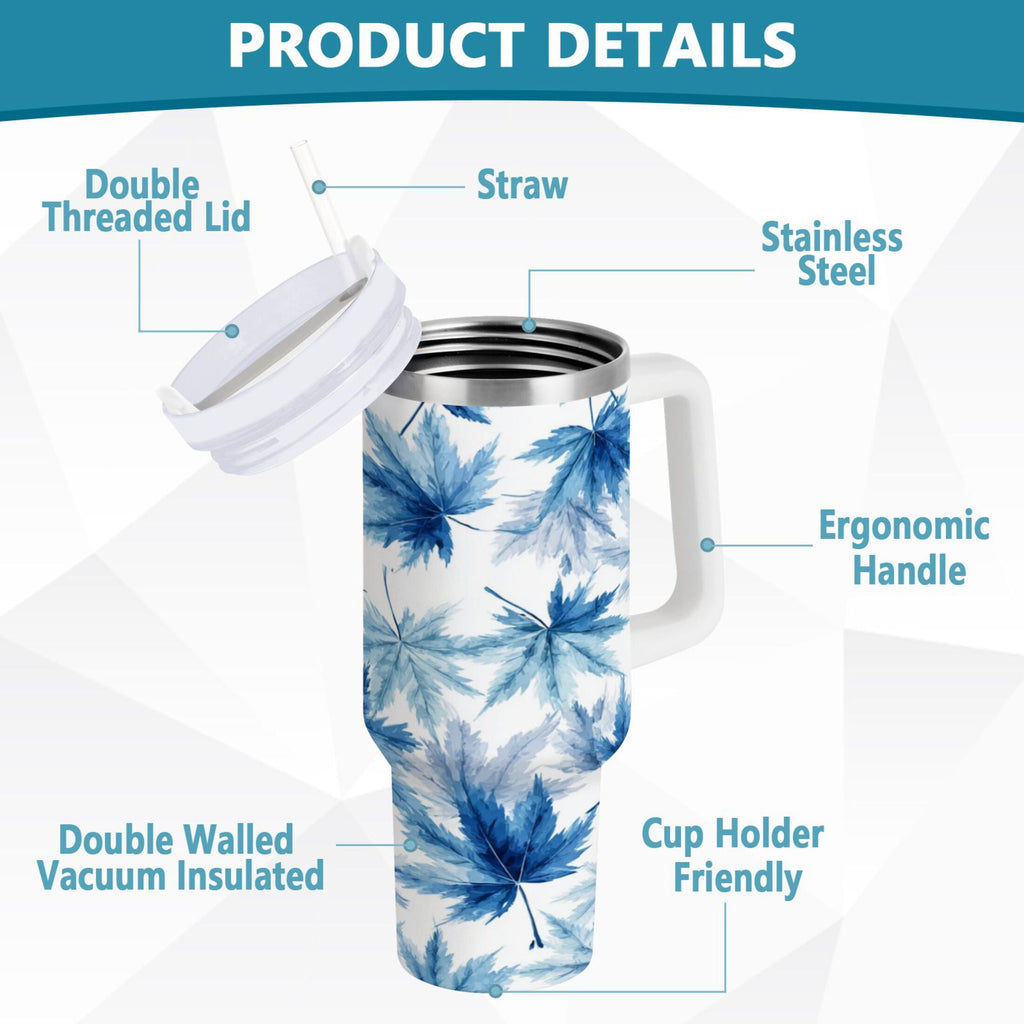 30 oz Insulated Stainless Steel Tumbler Double Wall Stainless Steel Tumbler with 2-Way Drinking Abstract Blue Maple Leaves - AHC6