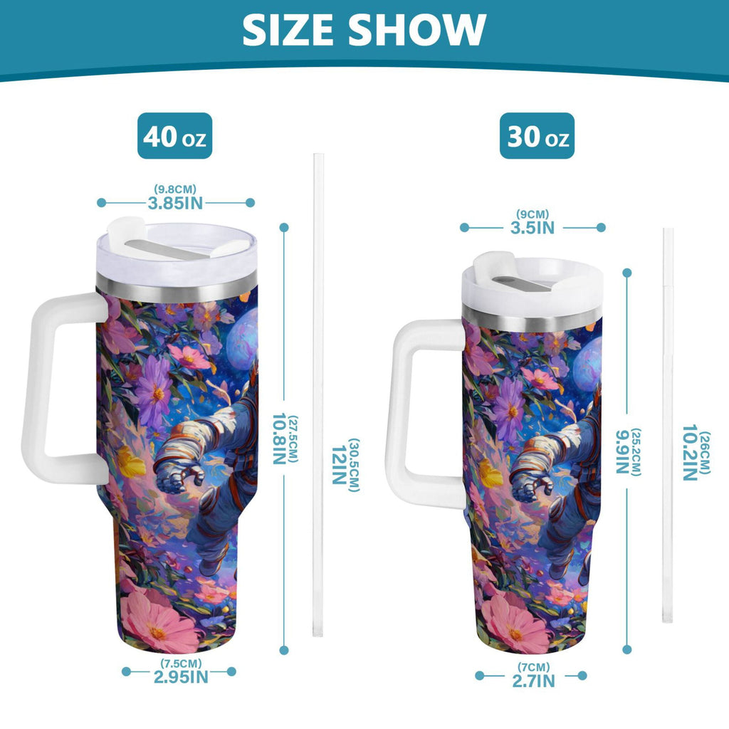 40 oz Insulated Stainless Steel Tumbler Double Wall Stainless Steel Tumbler with 2-Way Drinking Astronaut and Colorful Flowers - AYMO